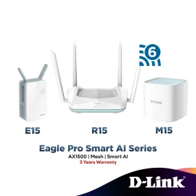 D-Link AX1500 Eagle Pro Ai Wi-Fi 6 Mesh Gigabit Router System Wireless Extender (Mesh with R15 M15 E15) R15 / M15 2 Pack / M15 3 Pack / E15