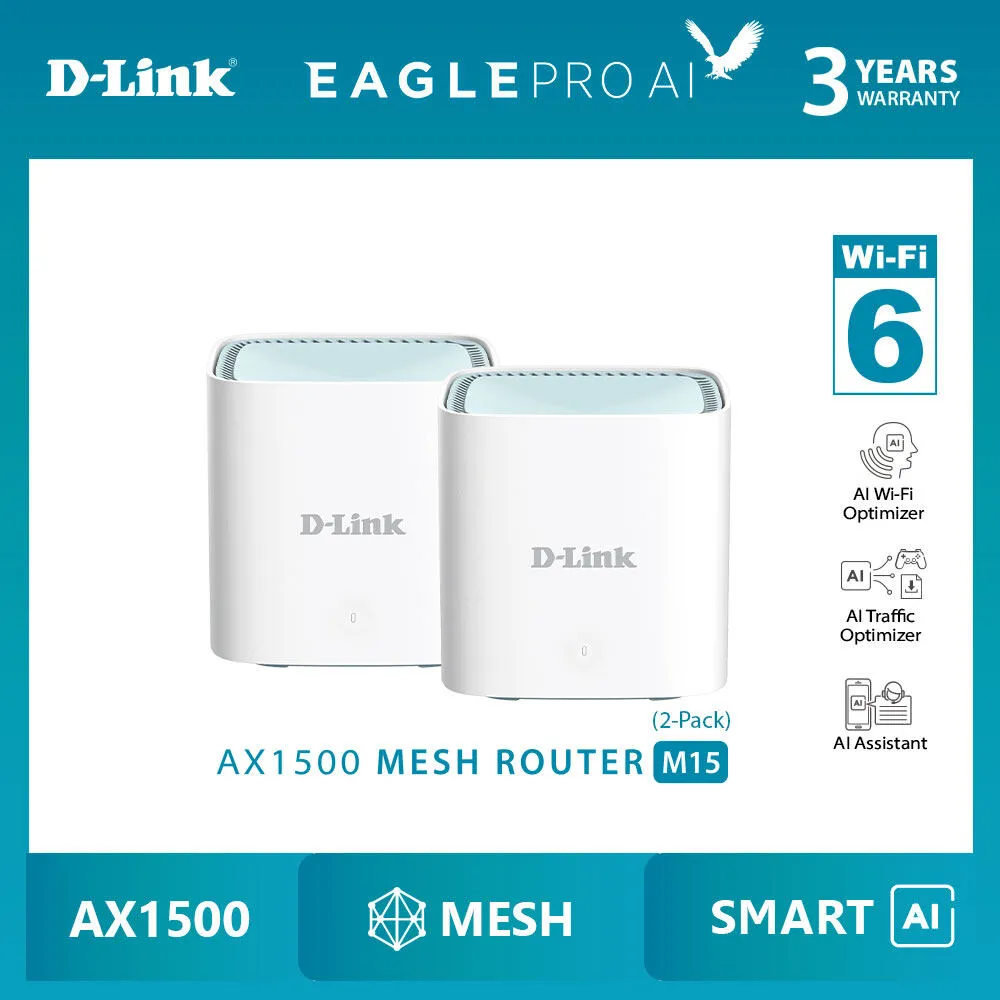 D-Link AX1500 Eagle Pro Ai Wi-Fi 6 Mesh Gigabit Router System Wireless Extender (Mesh with R15 M15 E15) R15 / M15 2 Pack / M15 3 Pack / E15