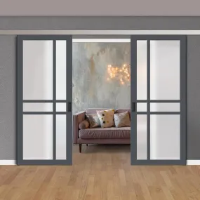 Double Sliding Door & Premium Wall Track - Eco-Urban® Glasgow 6 Pane Doors DD6314SG - Frosted Glass - 6 Colour Options