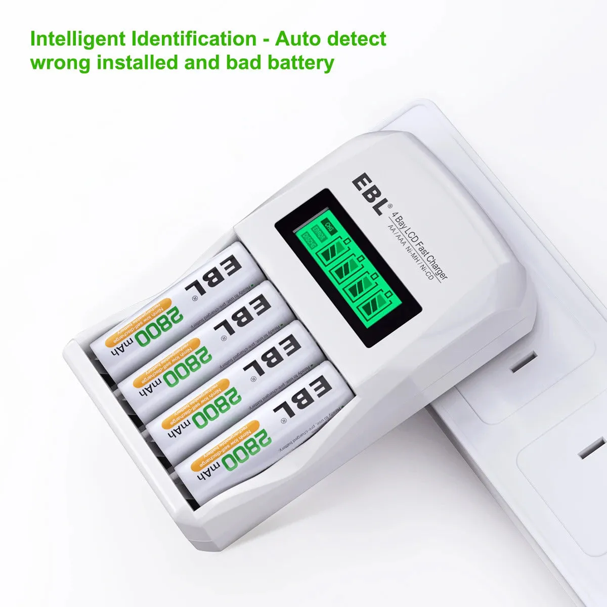 EBL LN-6907 4-Bay Smart Battery Charger with LCD Indicator Screen, Individually Controlled Quick Charging Slots, and Intelligent Overcurrent Protection for AA AAA Ni-MH Ni-CD Rechargeable Batteries