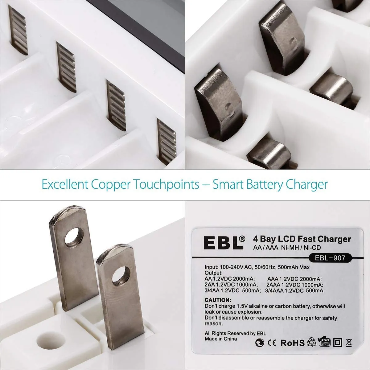 EBL LN-6907 4-Bay Smart Battery Charger with LCD Indicator Screen, Individually Controlled Quick Charging Slots, and Intelligent Overcurrent Protection for AA AAA Ni-MH Ni-CD Rechargeable Batteries