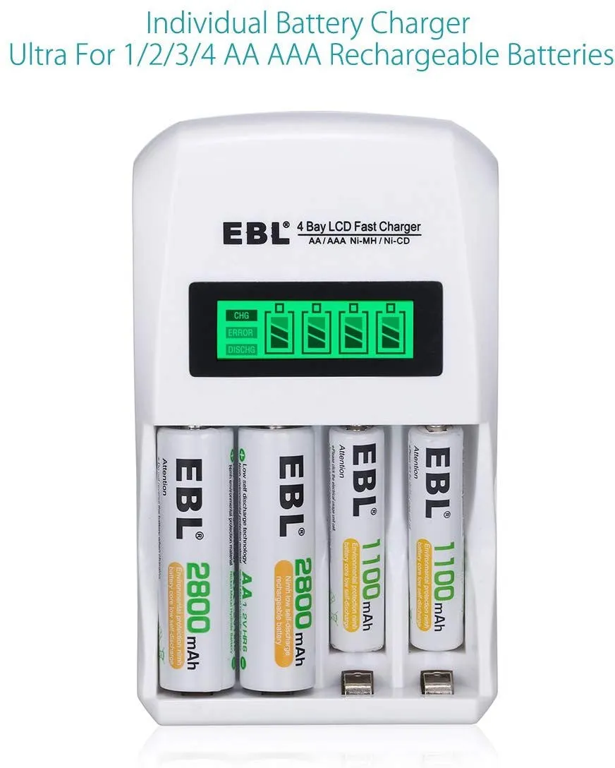 EBL LN-6907 4-Bay Smart Battery Charger with LCD Indicator Screen, Individually Controlled Quick Charging Slots, and Intelligent Overcurrent Protection for AA AAA Ni-MH Ni-CD Rechargeable Batteries