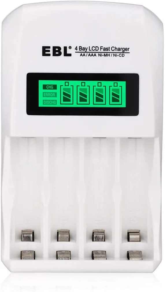 EBL LN-6907 4-Bay Smart Battery Charger with LCD Indicator Screen, Individually Controlled Quick Charging Slots, and Intelligent Overcurrent Protection for AA AAA Ni-MH Ni-CD Rechargeable Batteries