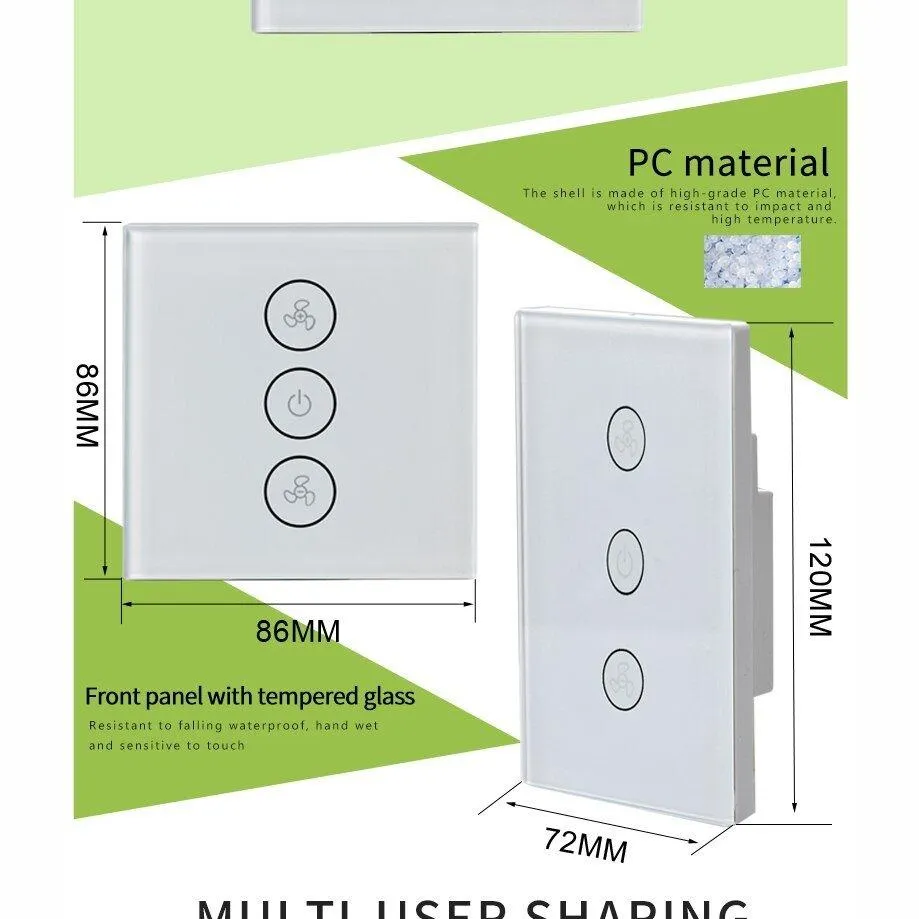 EU US WiFi Smart Fan Motor Speed Controller Glass Panel Wall Touch Switch Timer Remote Control Smart Life Tuya Alexa Google Home