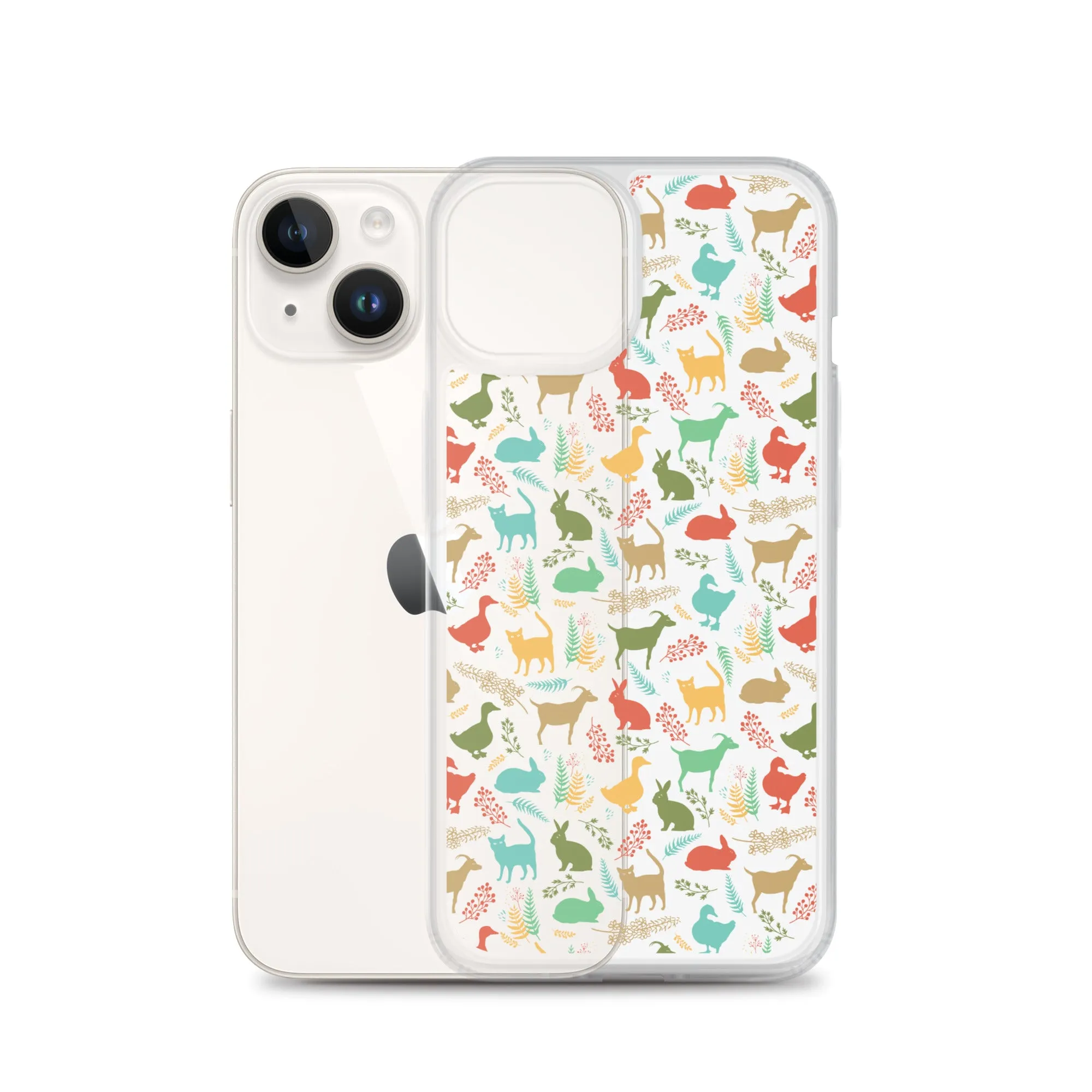 Farm Animals Clear iPhone 15 14 13 12 Pro Max, Cute Goat Rabbit Cat Duck Pattern Print iPhone 11 Mini SE XS Max XR X 7 8 Cell Phone