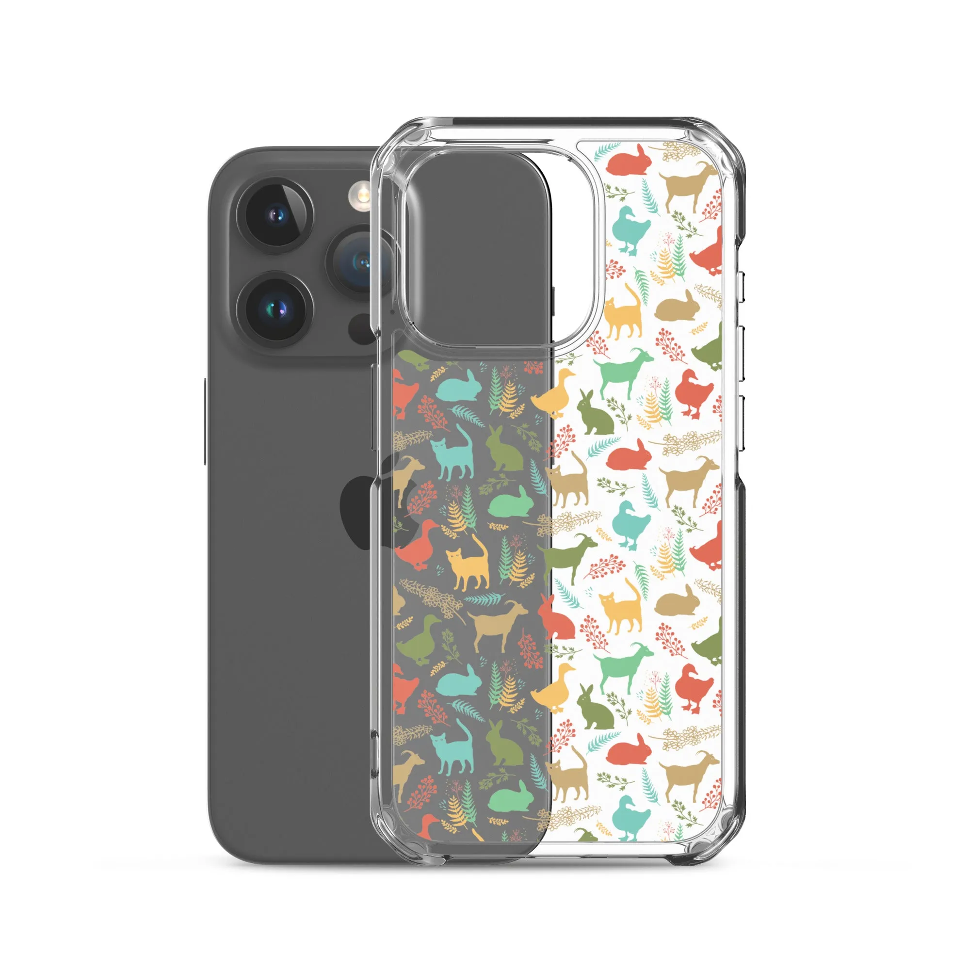 Farm Animals Clear iPhone 15 14 13 12 Pro Max, Cute Goat Rabbit Cat Duck Pattern Print iPhone 11 Mini SE XS Max XR X 7 8 Cell Phone