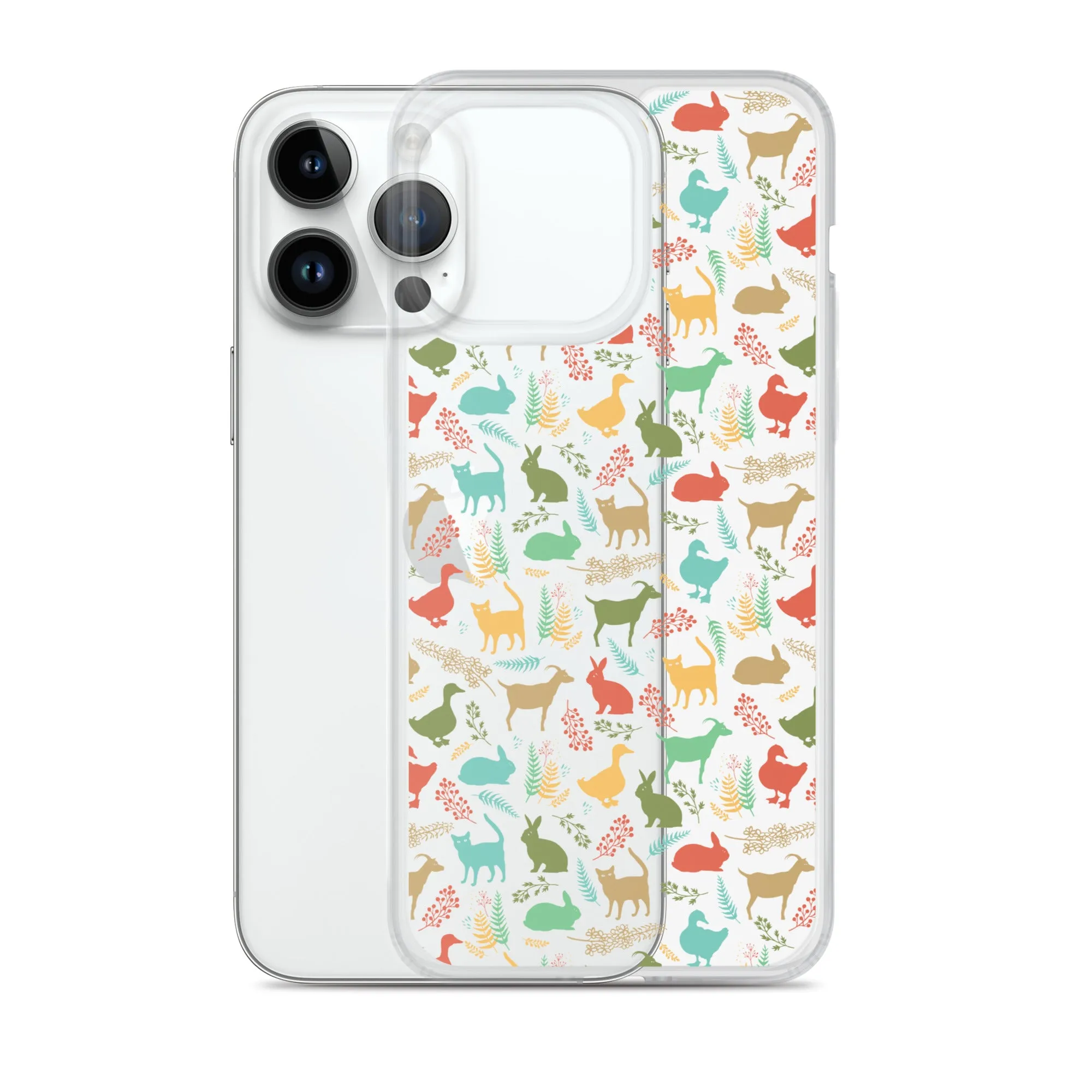 Farm Animals Clear iPhone 15 14 13 12 Pro Max, Cute Goat Rabbit Cat Duck Pattern Print iPhone 11 Mini SE XS Max XR X 7 8 Cell Phone