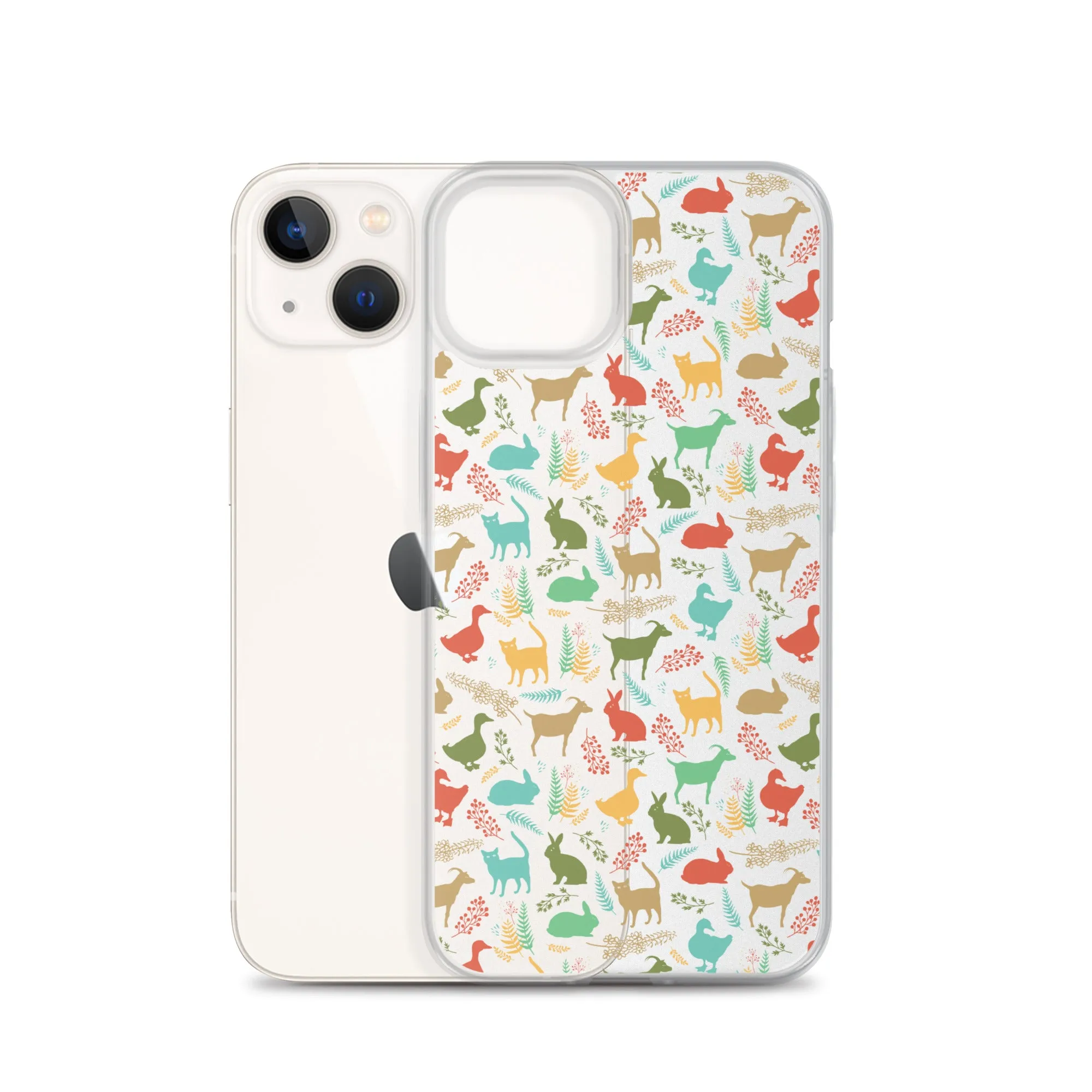 Farm Animals Clear iPhone 15 14 13 12 Pro Max, Cute Goat Rabbit Cat Duck Pattern Print iPhone 11 Mini SE XS Max XR X 7 8 Cell Phone