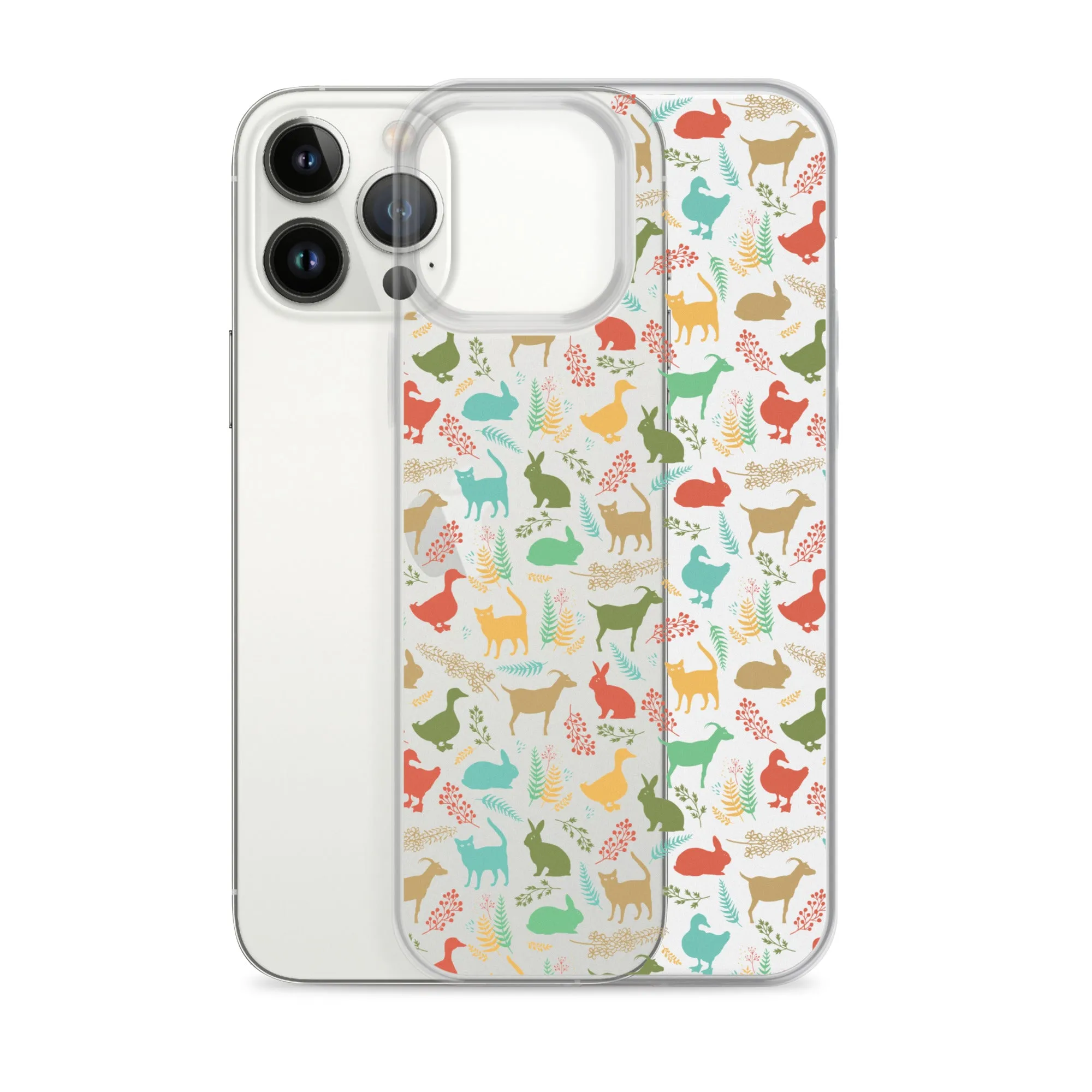 Farm Animals Clear iPhone 15 14 13 12 Pro Max, Cute Goat Rabbit Cat Duck Pattern Print iPhone 11 Mini SE XS Max XR X 7 8 Cell Phone