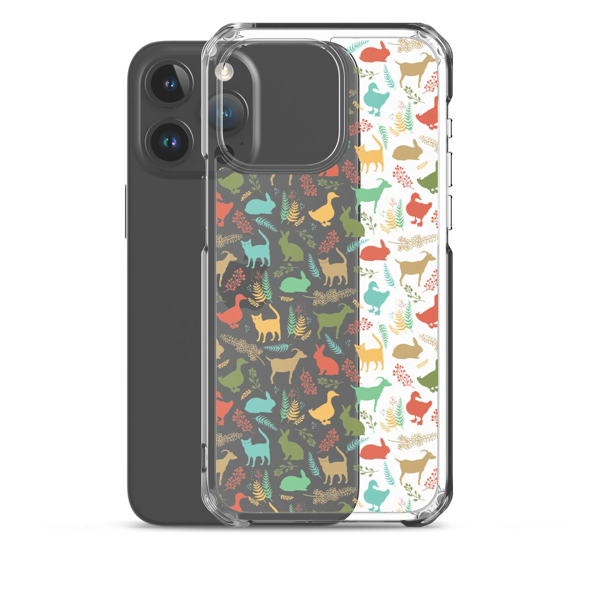 Farm Animals Clear iPhone 15 14 13 12 Pro Max, Cute Goat Rabbit Cat Duck Pattern Print iPhone 11 Mini SE XS Max XR X 7 8 Cell Phone