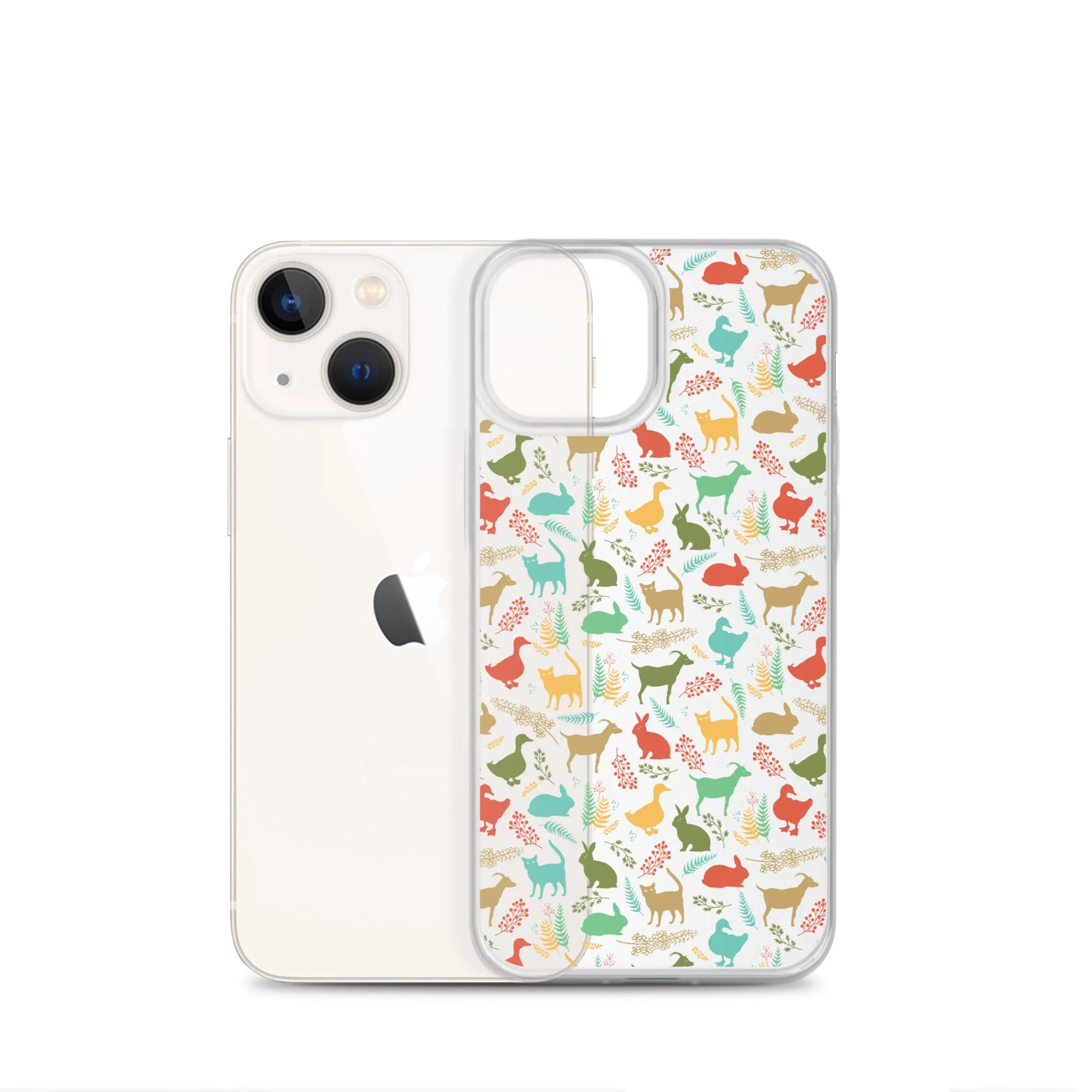 Farm Animals Clear iPhone 15 14 13 12 Pro Max, Cute Goat Rabbit Cat Duck Pattern Print iPhone 11 Mini SE XS Max XR X 7 8 Cell Phone