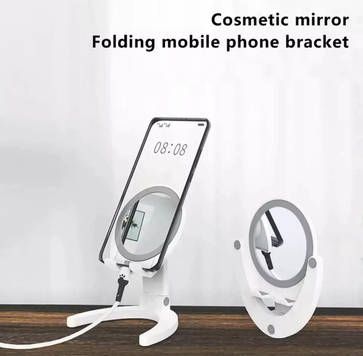 Foldable Desktop Phone Tablet Holder With Mirror, Foldable Support Desk Mobile Phone Holder Stand, Adjustable Desk Phone Holder With Make-up Mirror, Portable Design Mobile Phone Holder