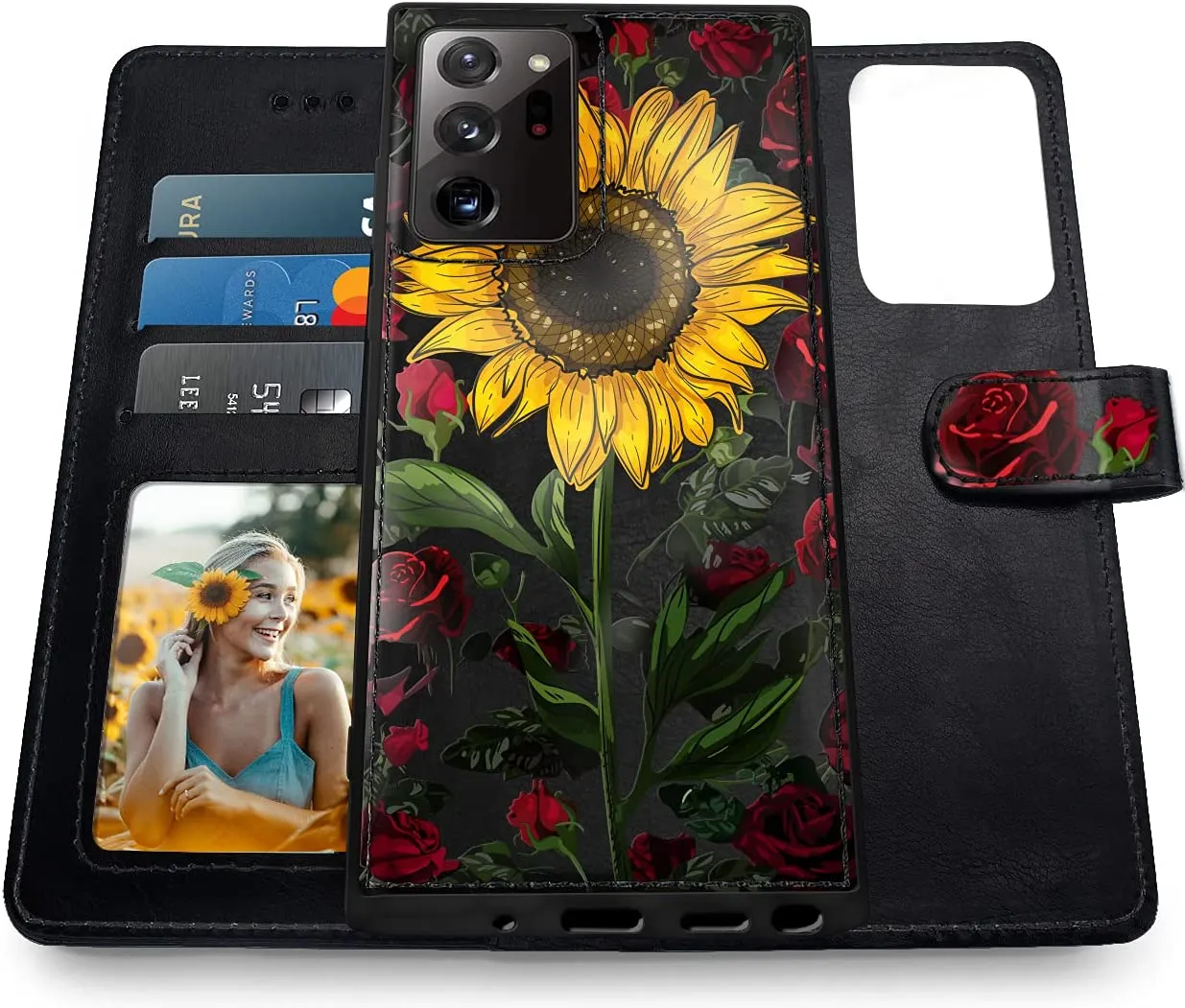 Galaxy Note 20 Ultra 5G Wallet Case Card Slots Girls - Rose Flower/Sunflower