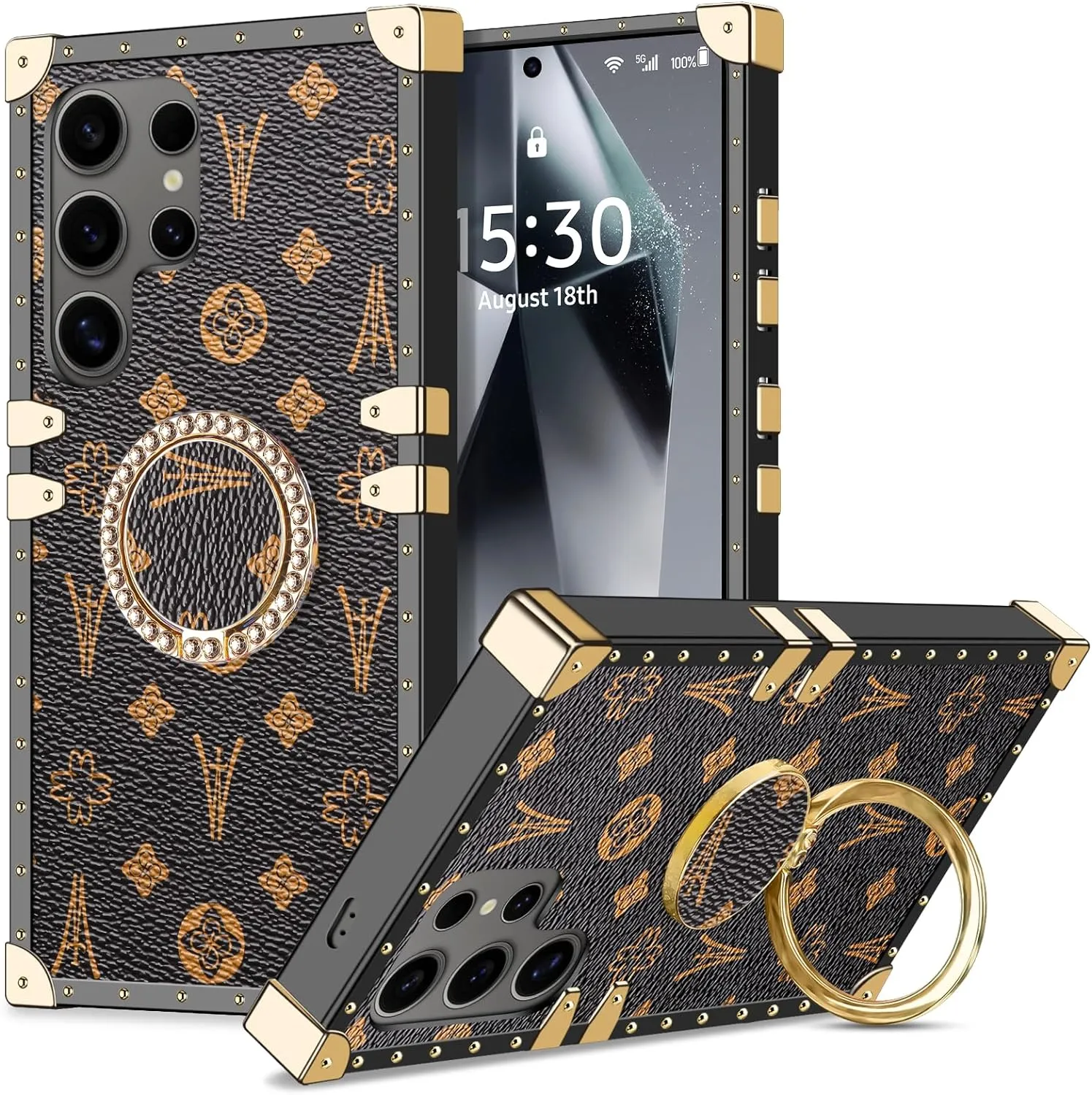 Galaxy S24 Ultra Kickstand Ring Stand Holder Luxury Retro Case Metal Edges Shockproof Protective Cover