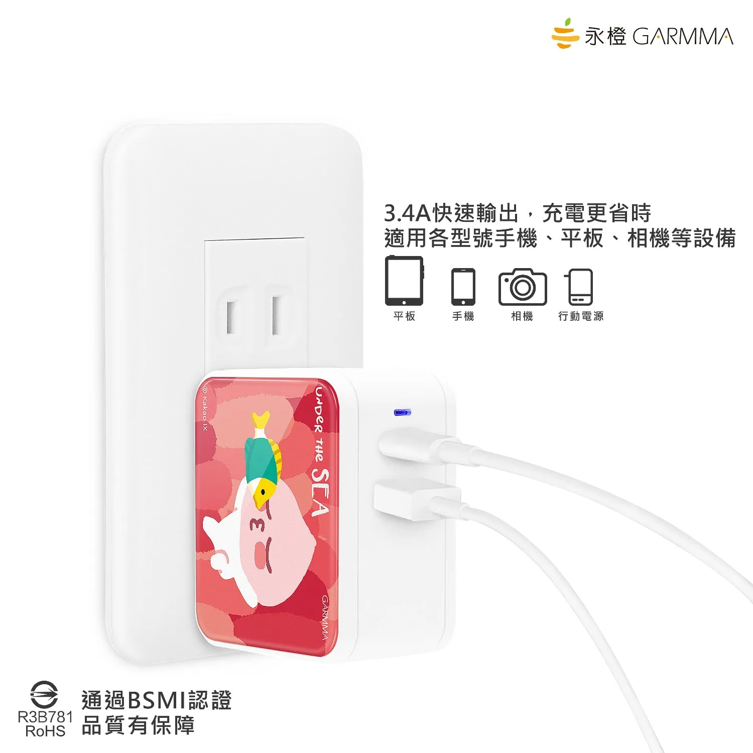 GARMMA Kakao Friends Type-C USB 3.4A Quick Charge Foldable Travel Charger