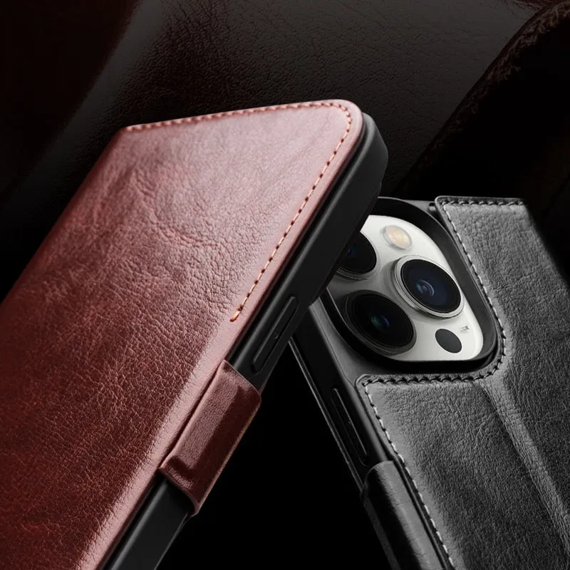 Genuine Leather Flip Phone Case With Card Slots For iPhone