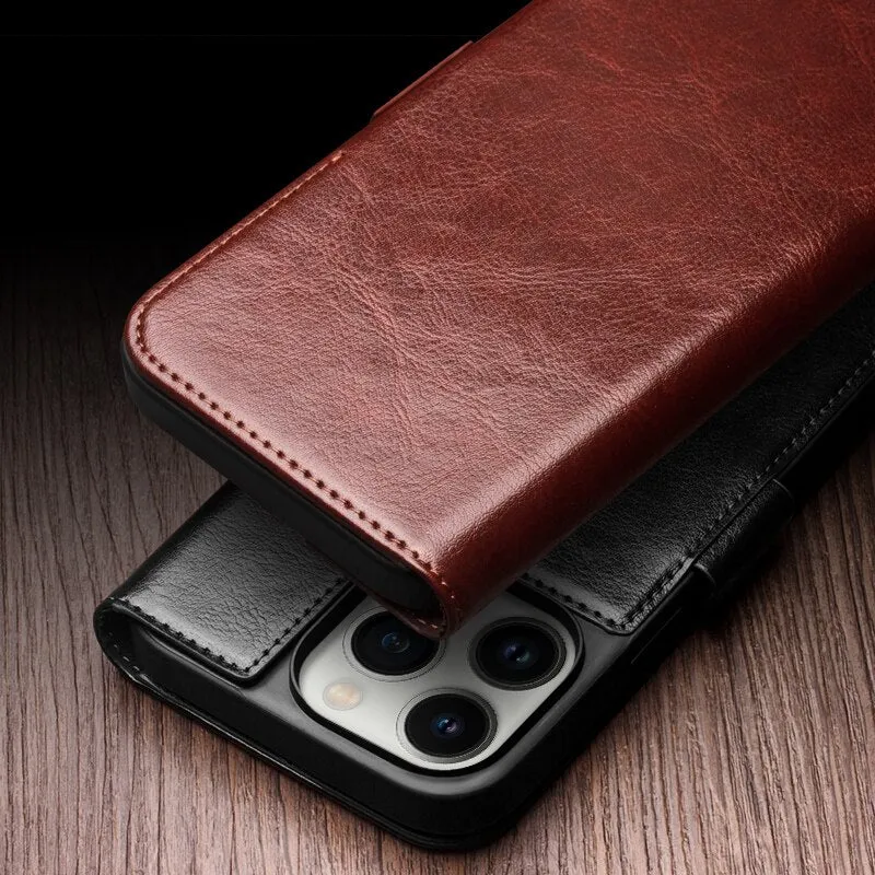 Genuine Leather Flip Phone Case With Card Slots For iPhone