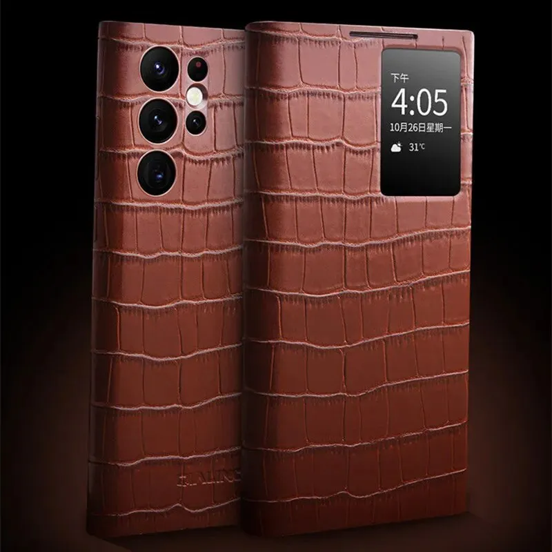 Genuine Leather S View Crocodile Texture Window Display Smart Flip Case For Samsung Galaxy S22