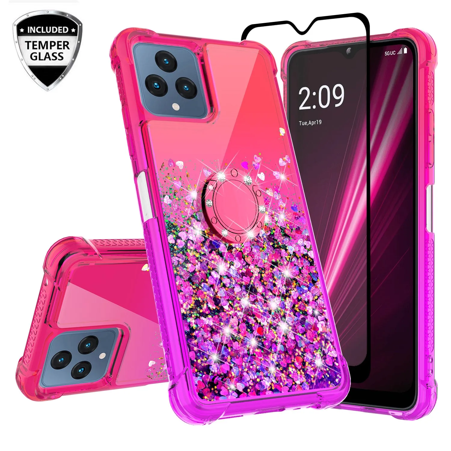 Glitter Phone Case Kickstand Compatible for T-Mobile Revvl 6 5G Case, Revvl 6 5G Case,Ring Stand Liquid Floating Quicksand Bling Sparkle Protective Girls Women for T-Mobile Revvl 6 5G W/Temper Glass - (Hot Pink/Purple Gradient)