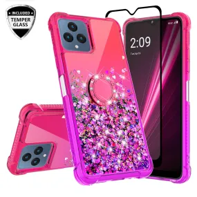 Glitter Phone Case Kickstand Compatible for T-Mobile Revvl 6 5G Case, Revvl 6 5G Case,Ring Stand Liquid Floating Quicksand Bling Sparkle Protective Girls Women for T-Mobile Revvl 6 5G W/Temper Glass - (Hot Pink/Purple Gradient)