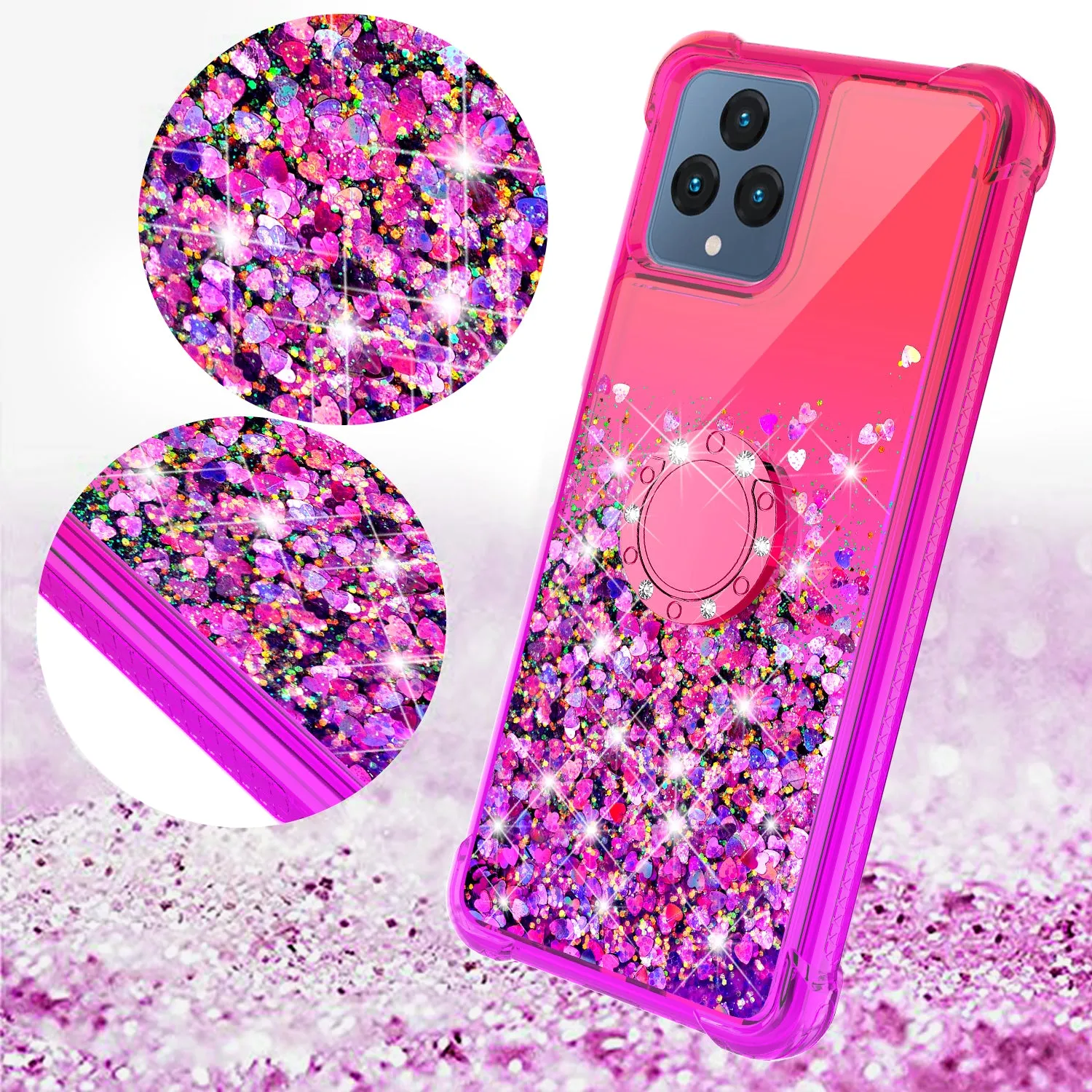 Glitter Phone Case Kickstand Compatible for T-Mobile Revvl 6 5G Case, Revvl 6 5G Case,Ring Stand Liquid Floating Quicksand Bling Sparkle Protective Girls Women for T-Mobile Revvl 6 5G W/Temper Glass - (Hot Pink/Purple Gradient)