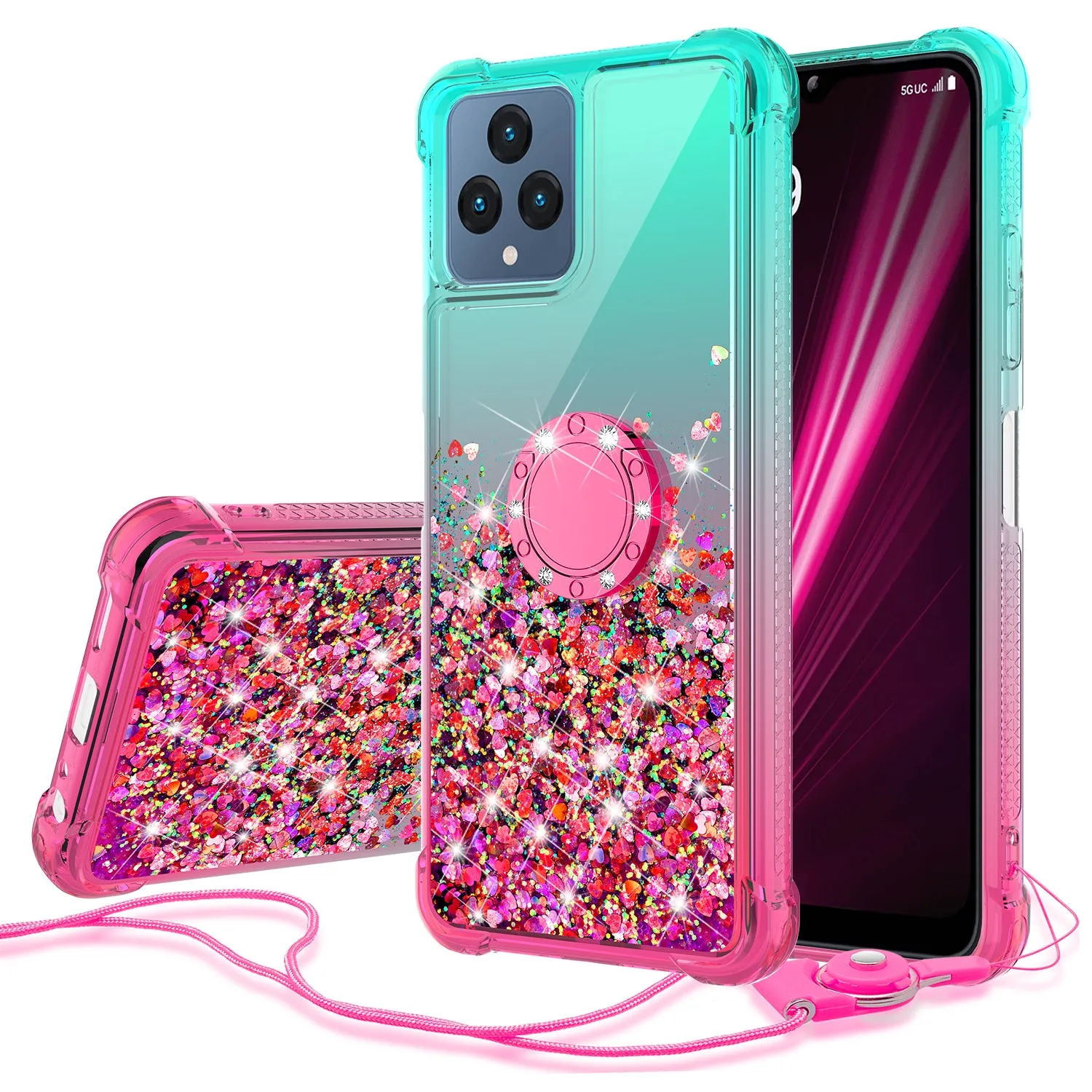 Glitter Phone Case Kickstand Compatible for T-Mobile Revvl 6 5G Case, Revvl 6 5G Case,Ring Stand Liquid Floating Quicksand Bling Sparkle Protective Girls Women for T-Mobile Revvl 6 5G W/Temper Glass - (Pink/Teal Gradient)