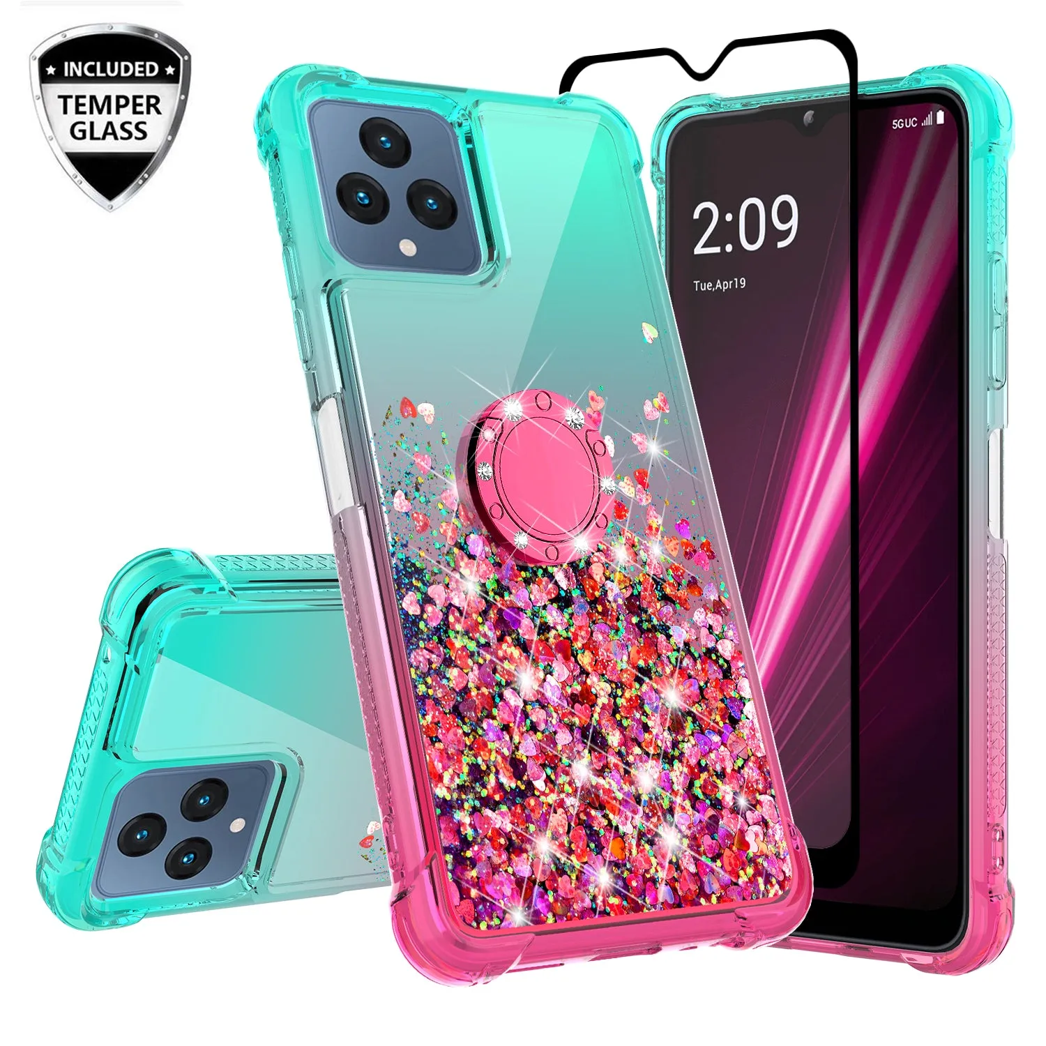 Glitter Phone Case Kickstand Compatible for T-Mobile Revvl 6 5G Case, Revvl 6 5G Case,Ring Stand Liquid Floating Quicksand Bling Sparkle Protective Girls Women for T-Mobile Revvl 6 5G W/Temper Glass - (Pink/Teal Gradient)