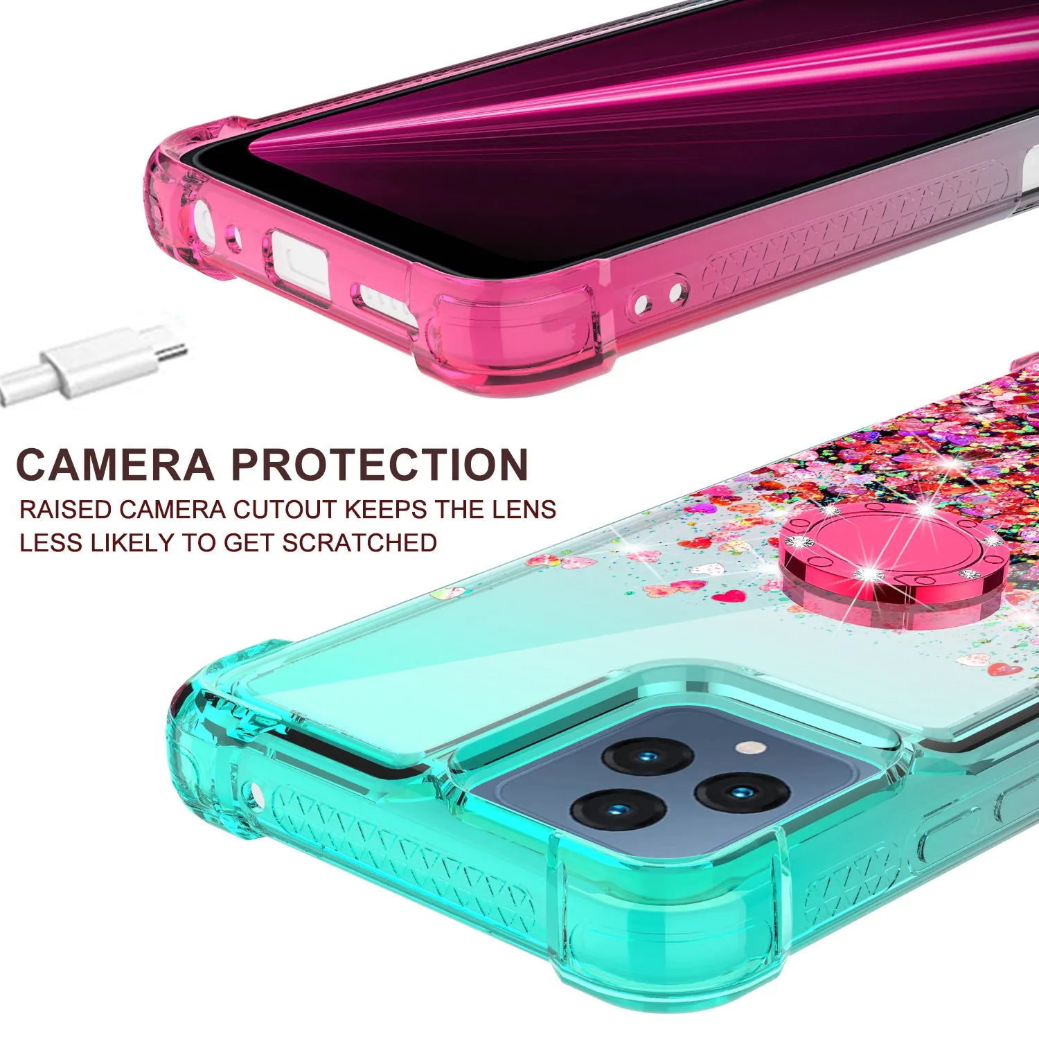 Glitter Phone Case Kickstand Compatible for T-Mobile Revvl 6 5G Case, Revvl 6 5G Case,Ring Stand Liquid Floating Quicksand Bling Sparkle Protective Girls Women for T-Mobile Revvl 6 5G W/Temper Glass - (Pink/Teal Gradient)