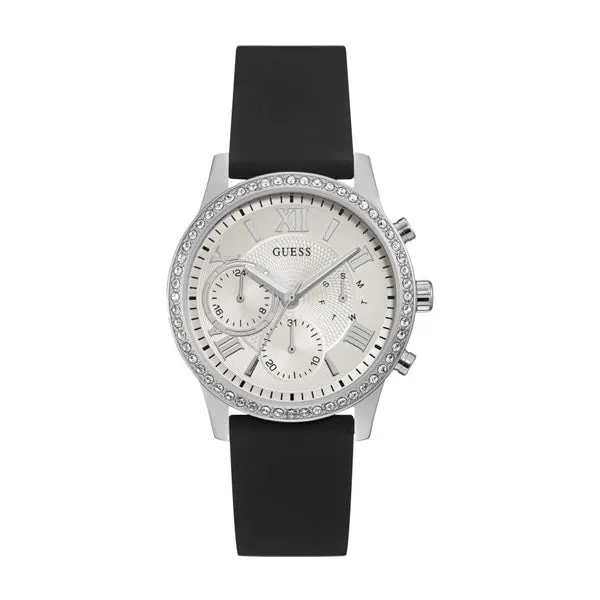 Guess Solar Black Silicone Strap Silver Dial Chronograph Quartz Watch for Ladies - W1135L5