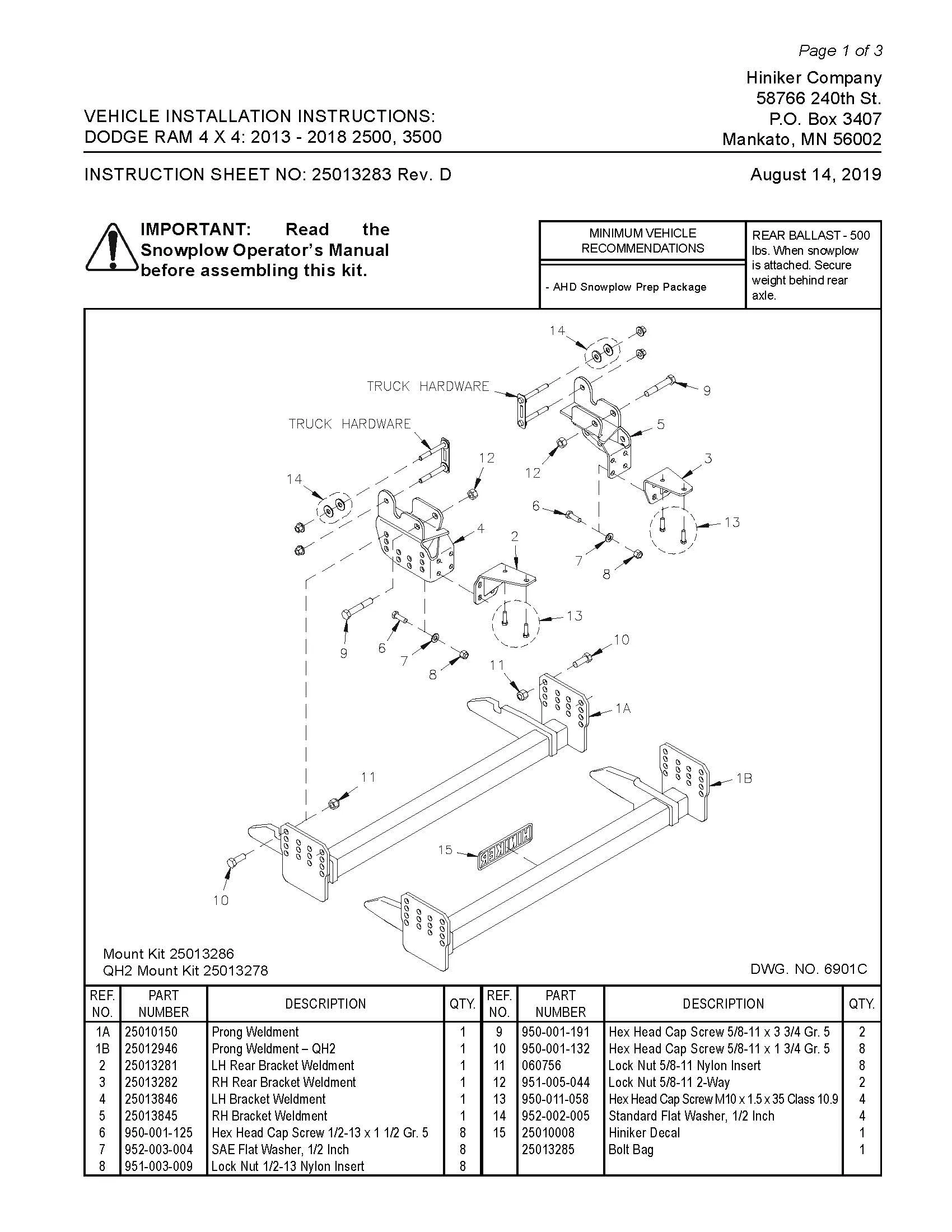 Hiniker Snowplow Mount - Quick Hitch 1 (QH1), 2013-2018 Dodge/ RAM 4x4 2500-3500, 25013286