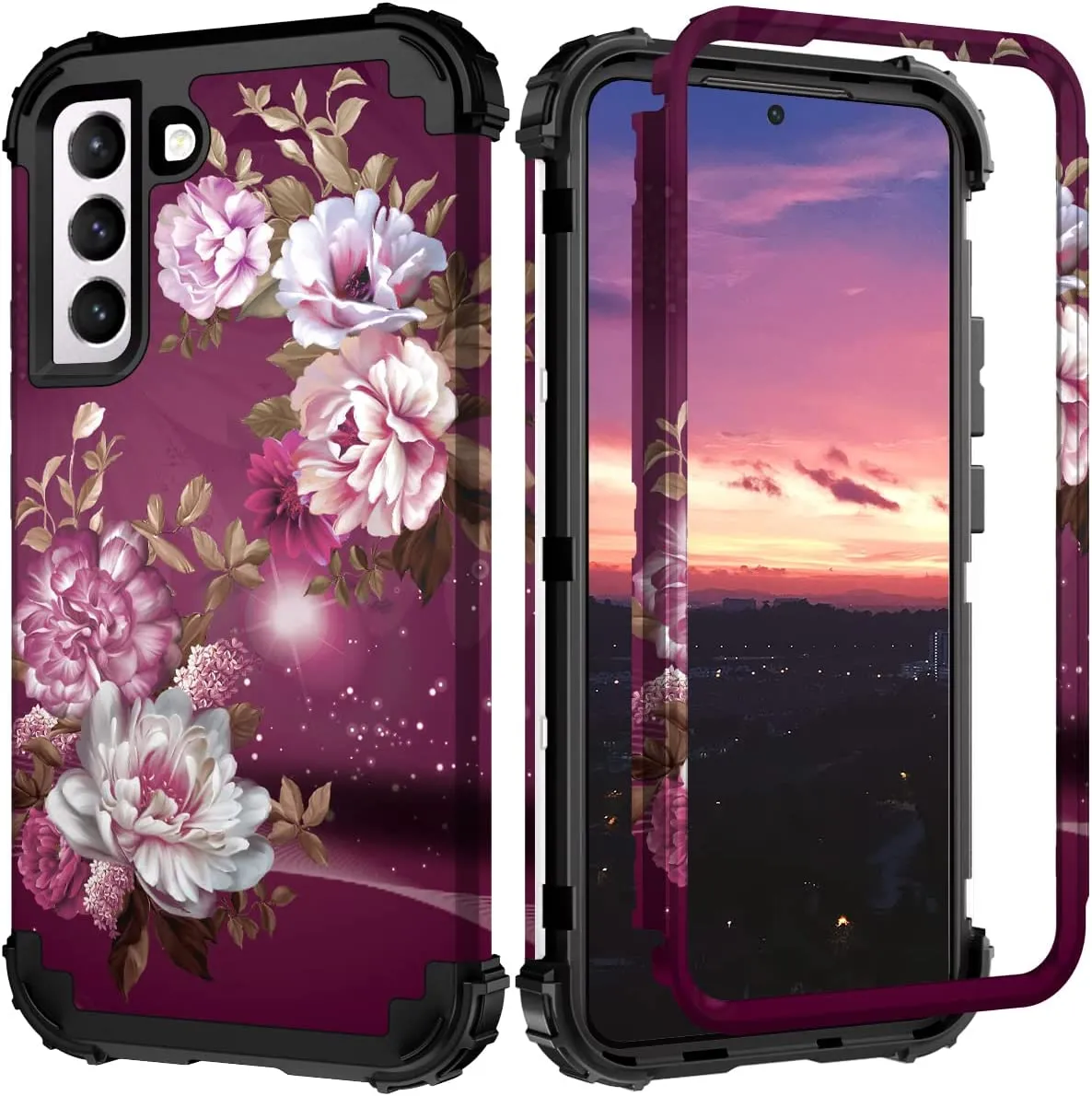 Hocase Galaxy S22 Plus Case, Heavy Duty Shockproof Soft Burgundy Flowers