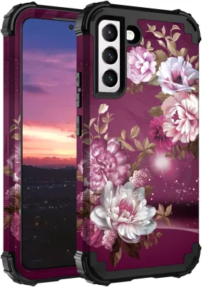 Hocase Galaxy S22 Plus Case, Heavy Duty Shockproof Soft Burgundy Flowers