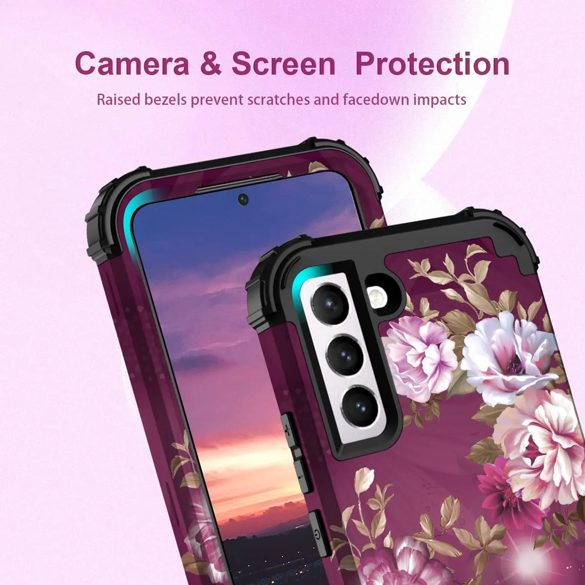 Hocase Galaxy S22 Plus Case, Heavy Duty Shockproof Soft Burgundy Flowers