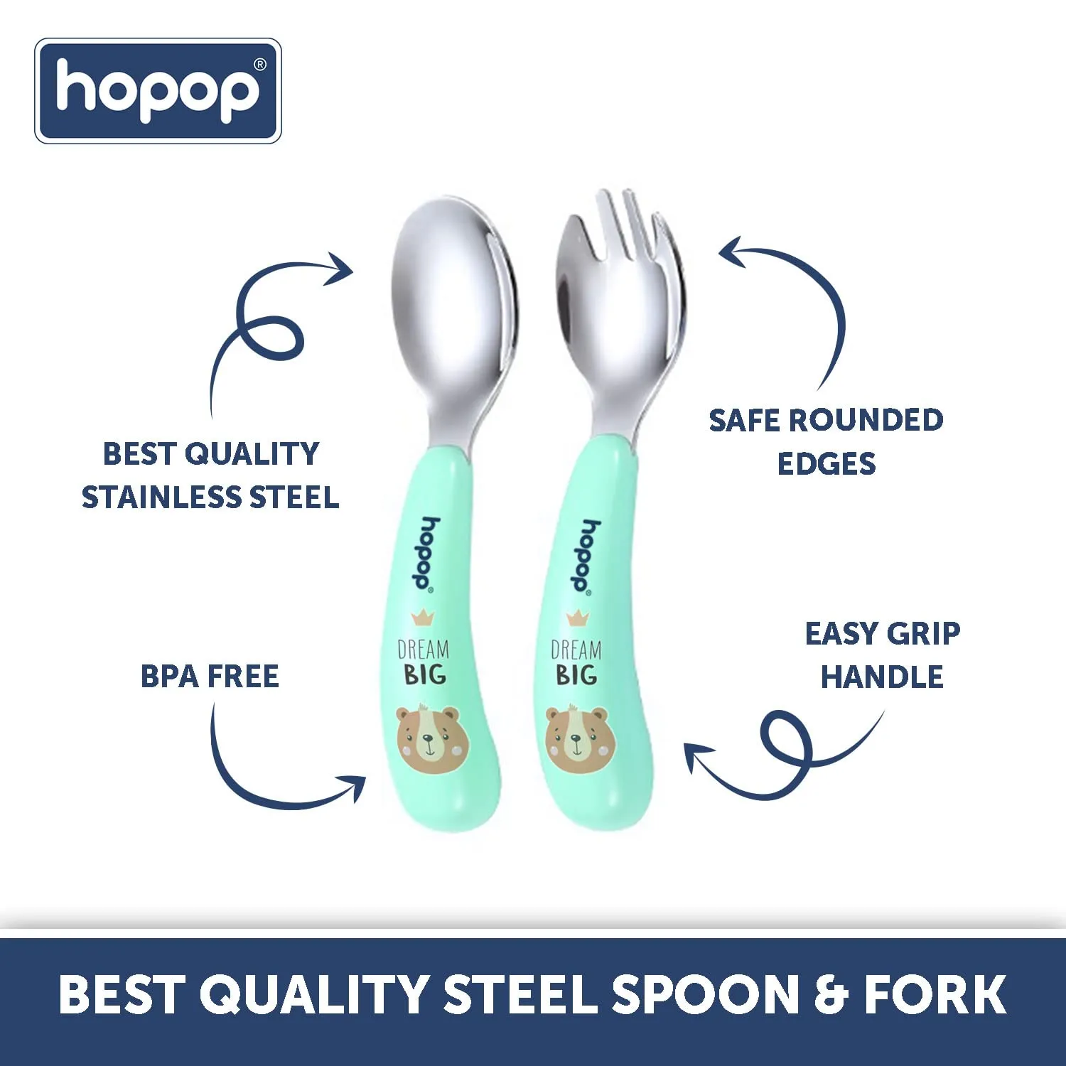 Hopop Spoon & Fork with Travel Case For Babies - Green 6m 