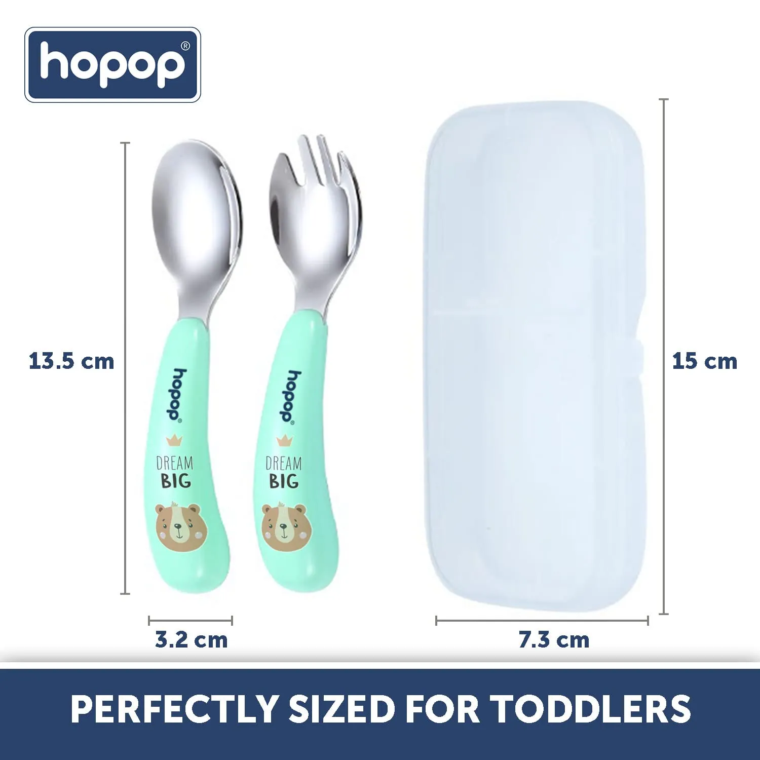 Hopop Spoon & Fork with Travel Case For Babies - Green 6m 