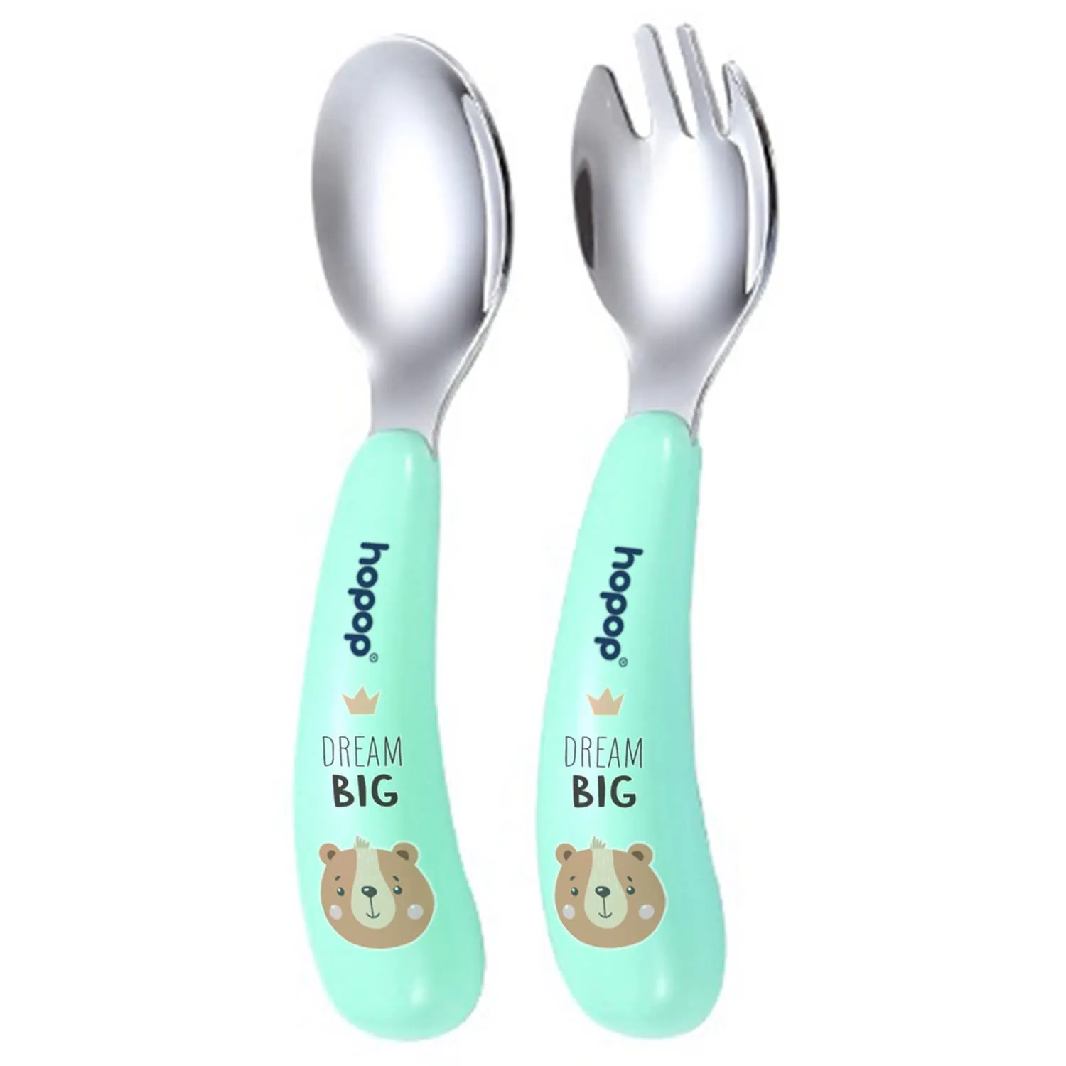 Hopop Spoon & Fork with Travel Case For Babies - Green 6m 