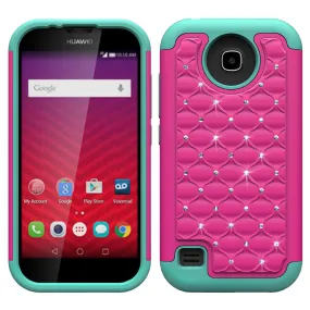 Huawei Union | Y538 Rhinestone Case , Slim Hybrid Dual Layer[Shock Resistant] Crystal Rhinestone Studded Case Cover - Hot Pink/Teal