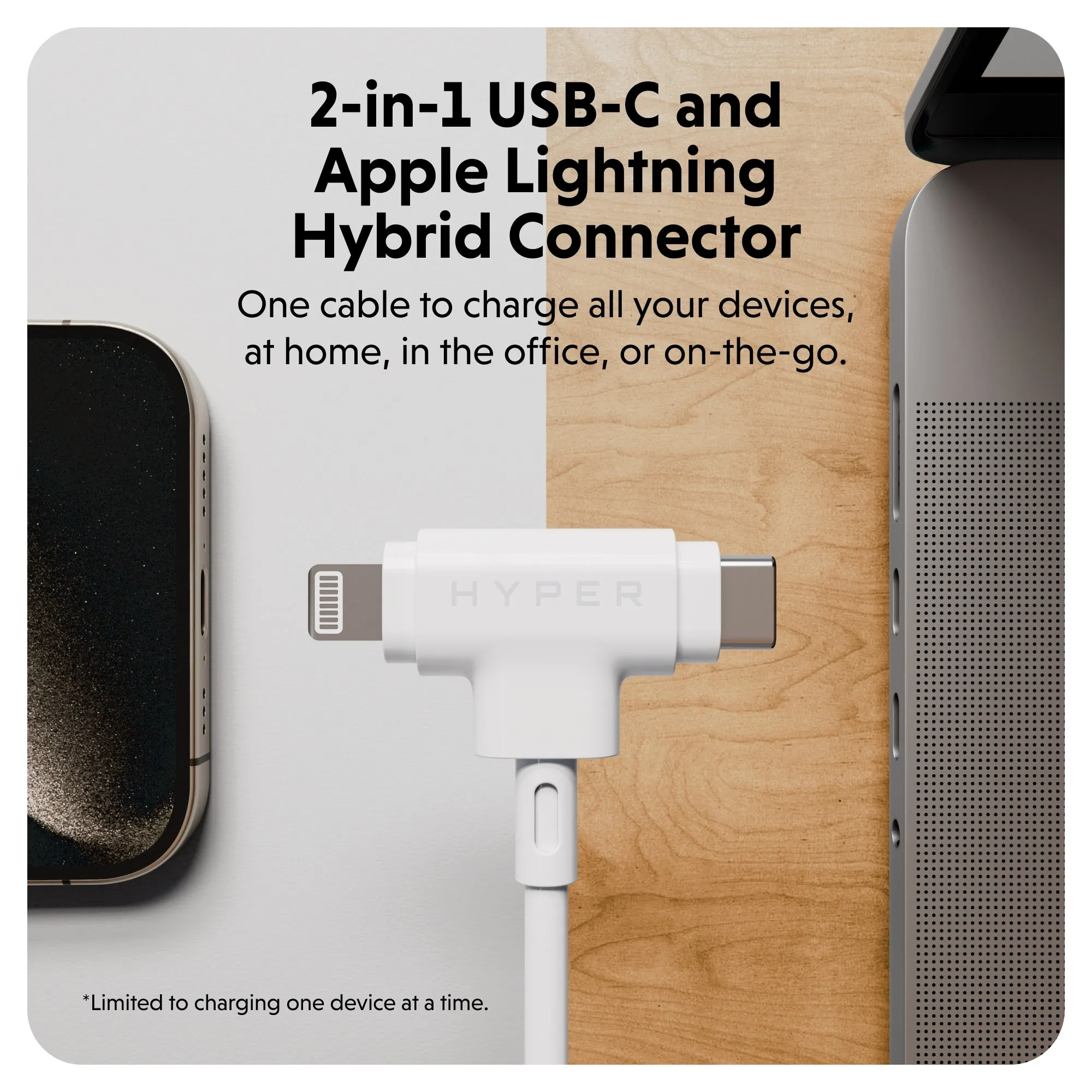 HyperJuice USB-C and Lightning Hybrid Silicone Cable (1.5m/5ft) - White