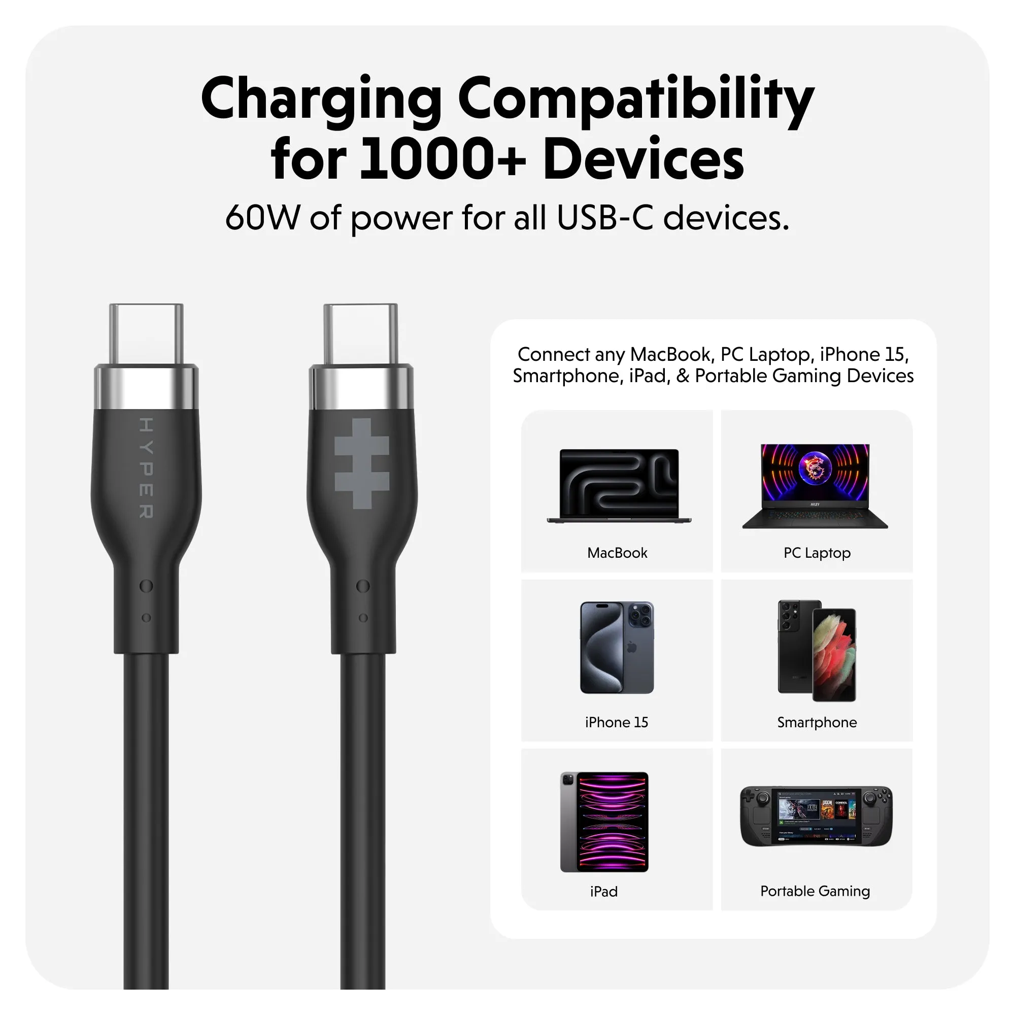 HyperJuice USB-C Silicone Charging Cable (1.5m/5ft) - Black