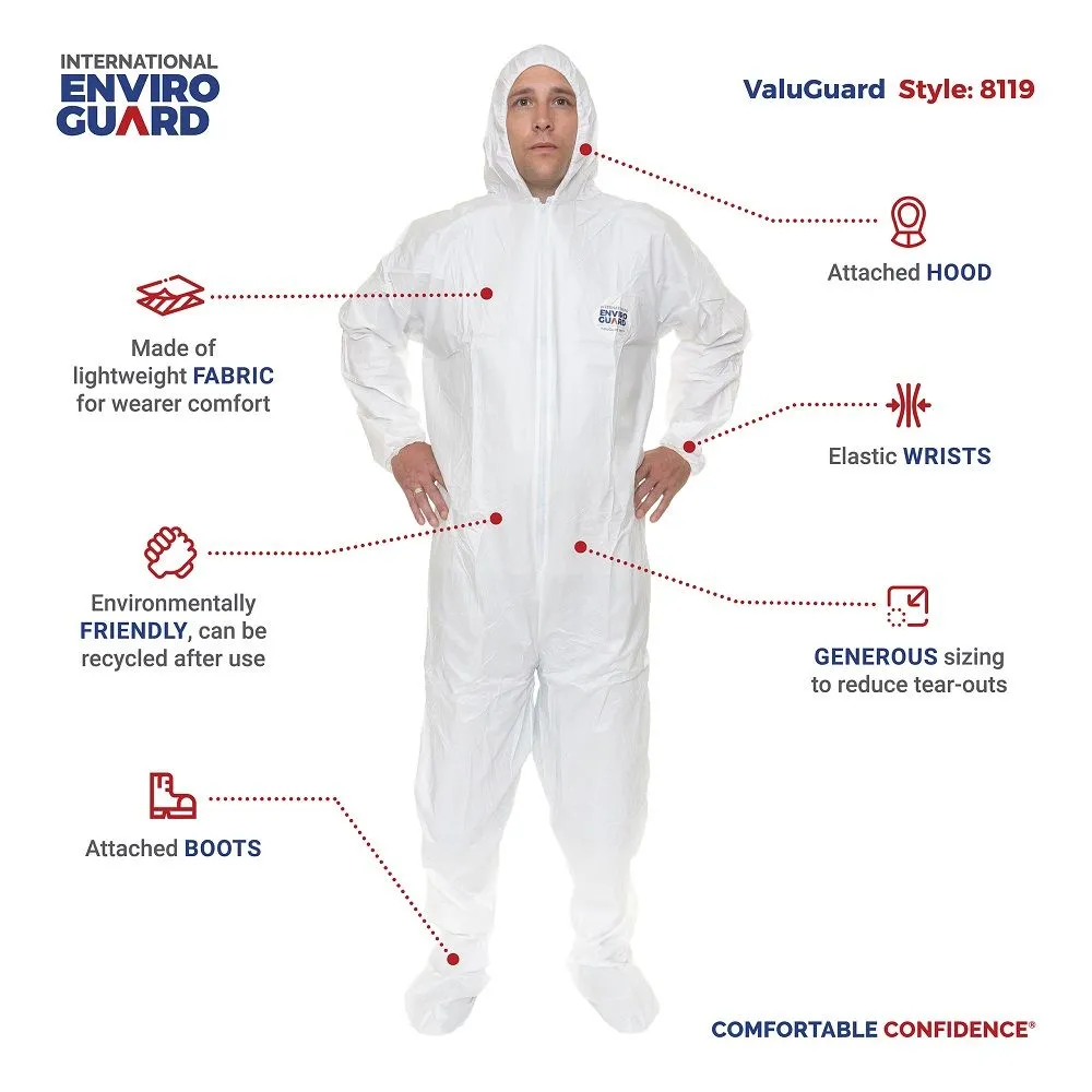 International Enviroguard ValuGuard MP 8119 Lightweight Microporous Coverall with Attached Hood and Boot, Elastic Wrist, White, Case of 25