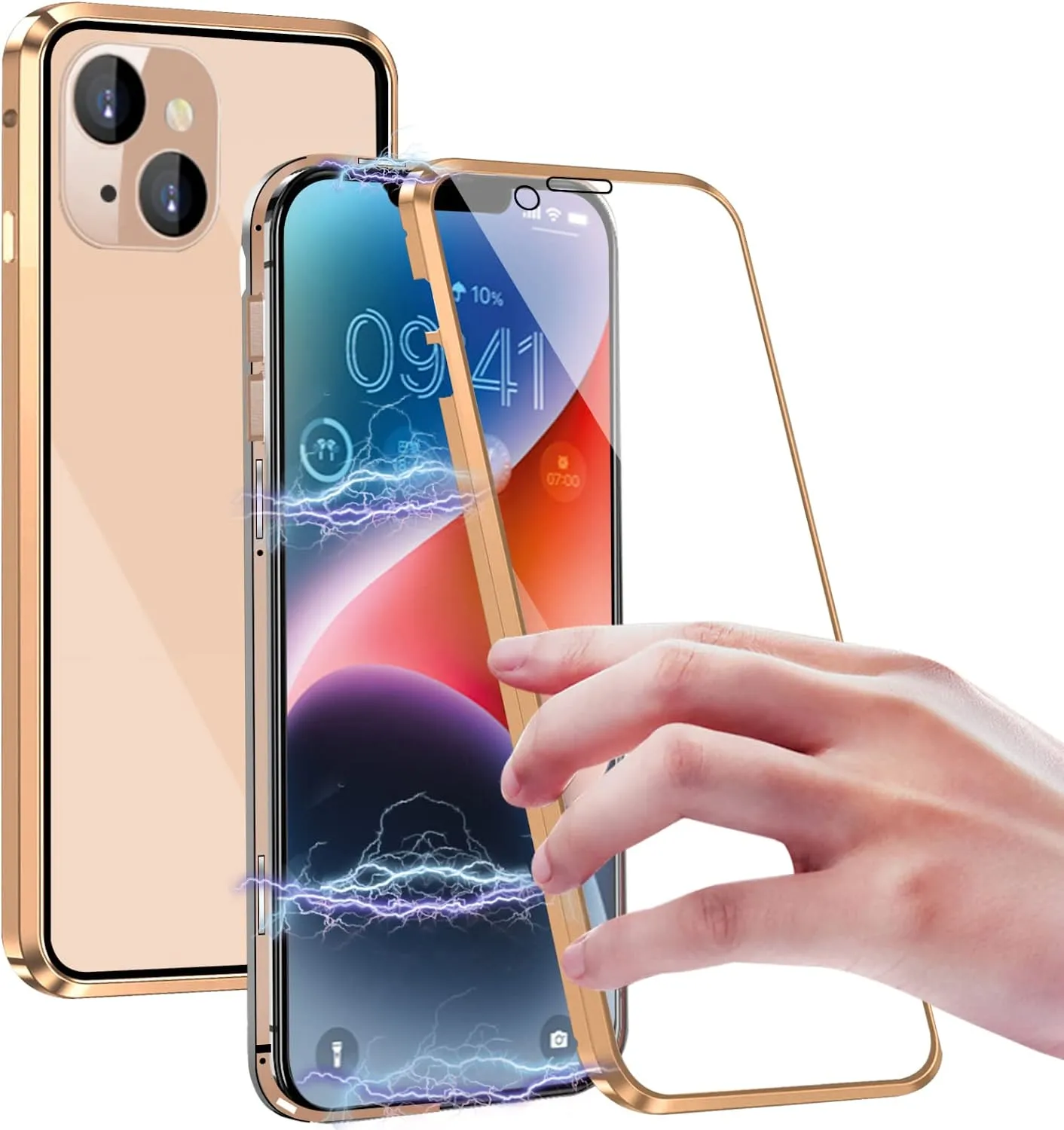 iPhone 14 Plus, Double Sided Clear Tempered Glass Phone Case  Charger Case 5G 6.7'' Gold