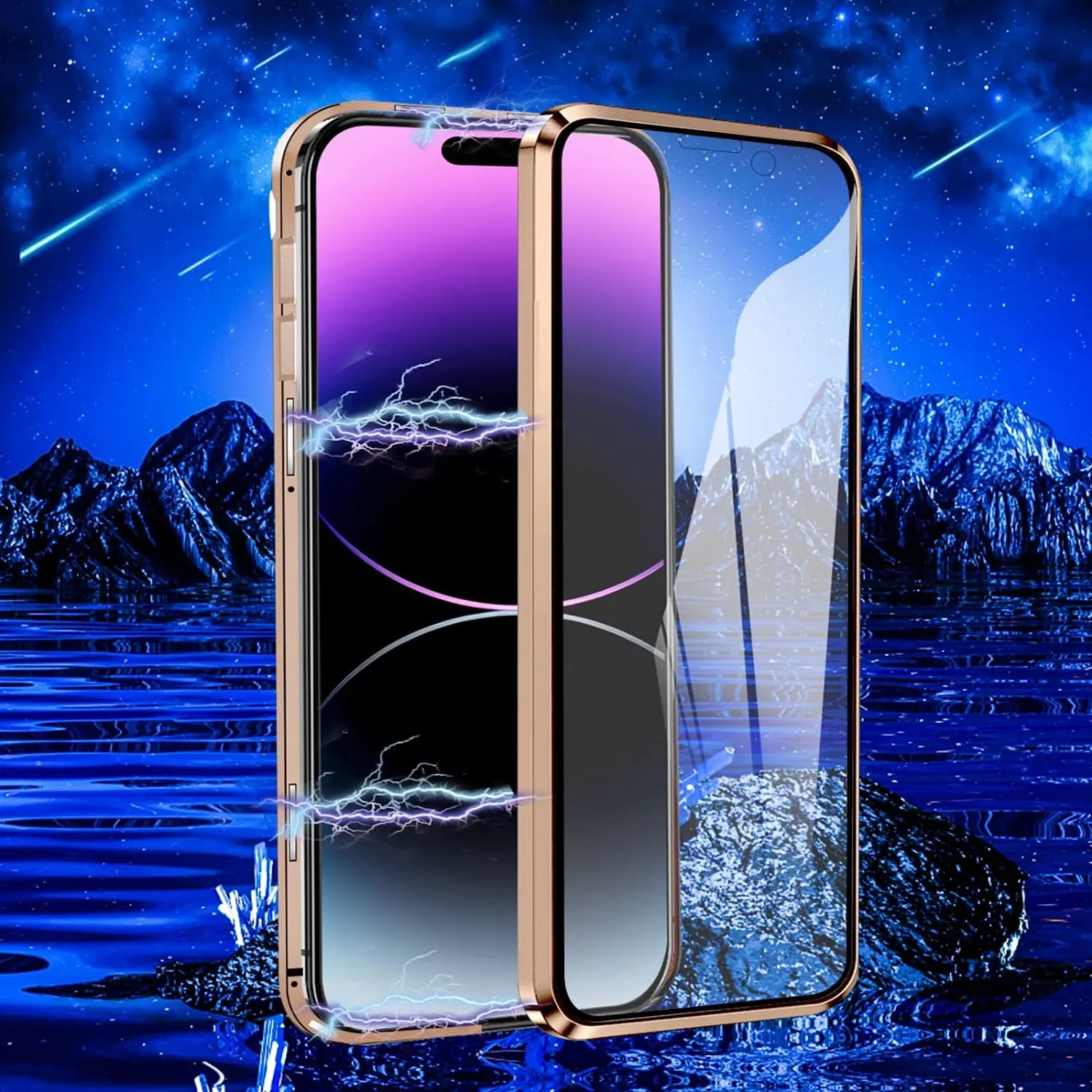 iPhone 14 Plus, Double Sided Clear Tempered Glass Phone Case  Charger Case 5G 6.7'' Gold