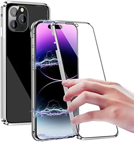 iPhone 14 Plus, Double Sided Clear Tempered Glass Phone Case  Charger Case 5G 6.7'' Gold