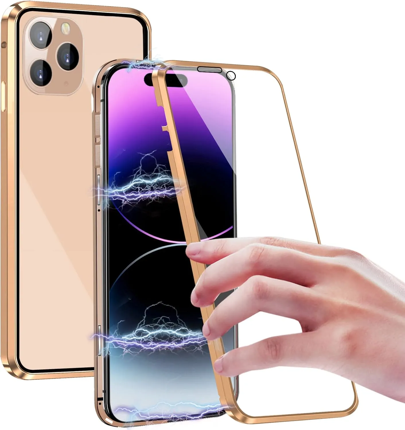 iPhone 14 Plus, Double Sided Clear Tempered Glass Phone Case  Charger Case 5G 6.7'' Gold