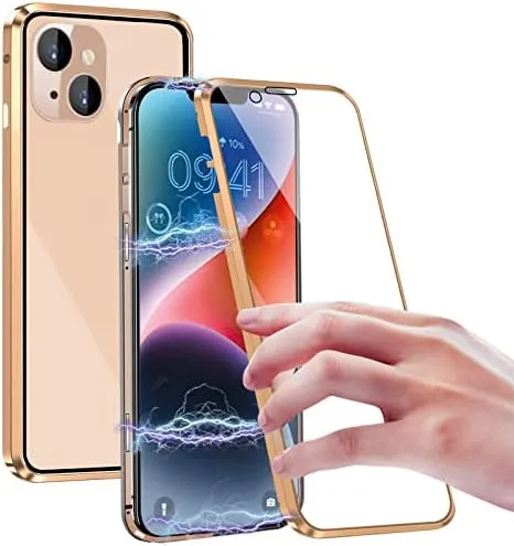 iPhone 14 Plus, Double Sided Clear Tempered Glass Phone Case  Charger Case 5G 6.7'' Gold