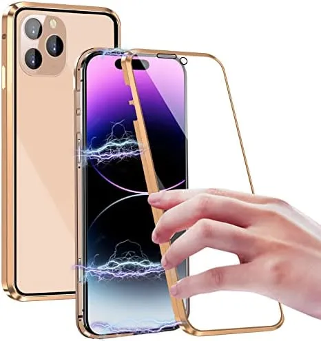 iPhone 14 Plus, Double Sided Clear Tempered Glass Phone Case  Charger Case 5G 6.7'' Gold