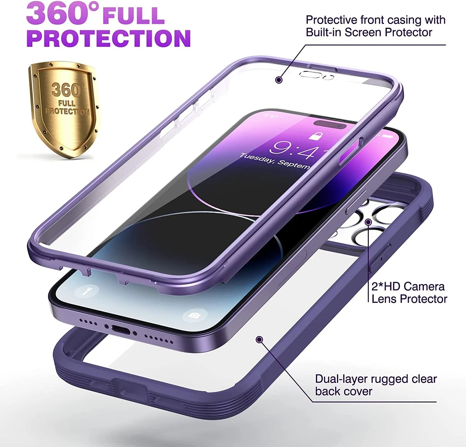 iPhone 14 Pro Case 6.1’’, Full Body Rugged Protective Case 2 Pack Camera Bumper Case Royal Purple