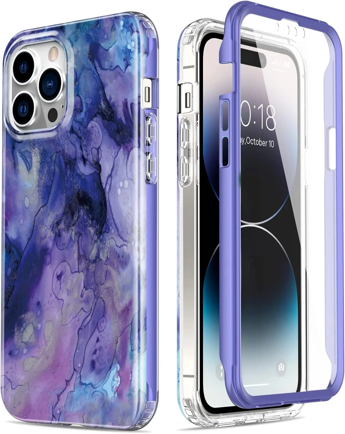 iPhone 14 Pro Case Built-in Screen Protector,Military Grade Rugged Cover Purple Marble