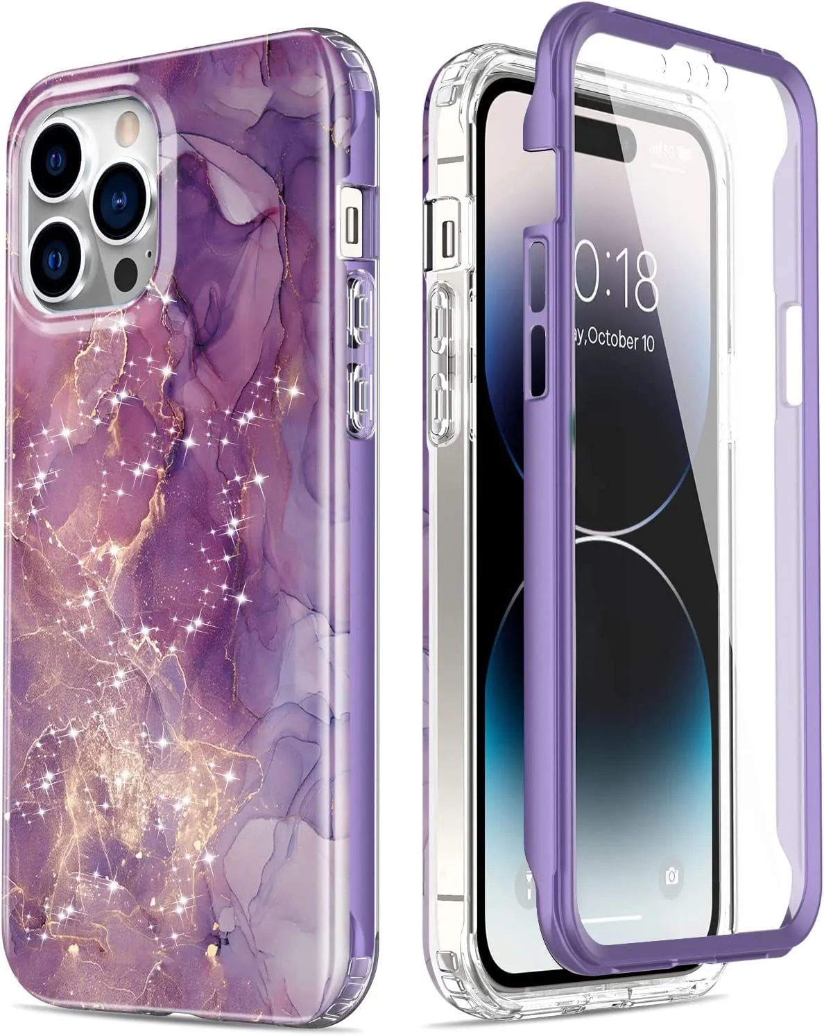 iPhone 14 Pro Case Built-in Screen Protector,Military Grade Rugged Cover Purple Marble