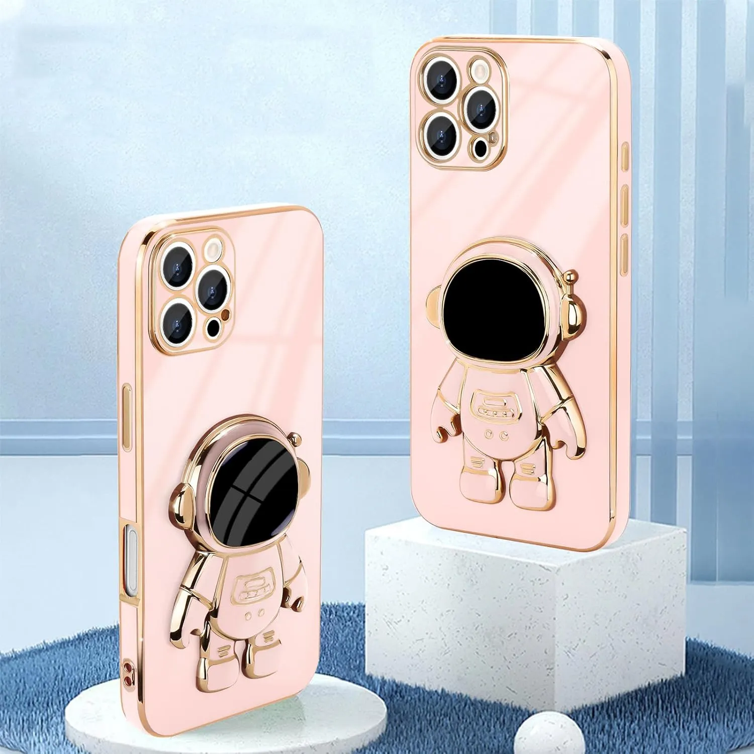 iPhone 16 Case Cute 3D Astronaut Stand Bling Silicone Soft Phone Back Cover Hot Pink